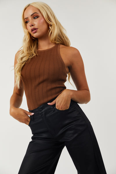 Sepia Brown Racerback Ribbed Knit Bodysuit