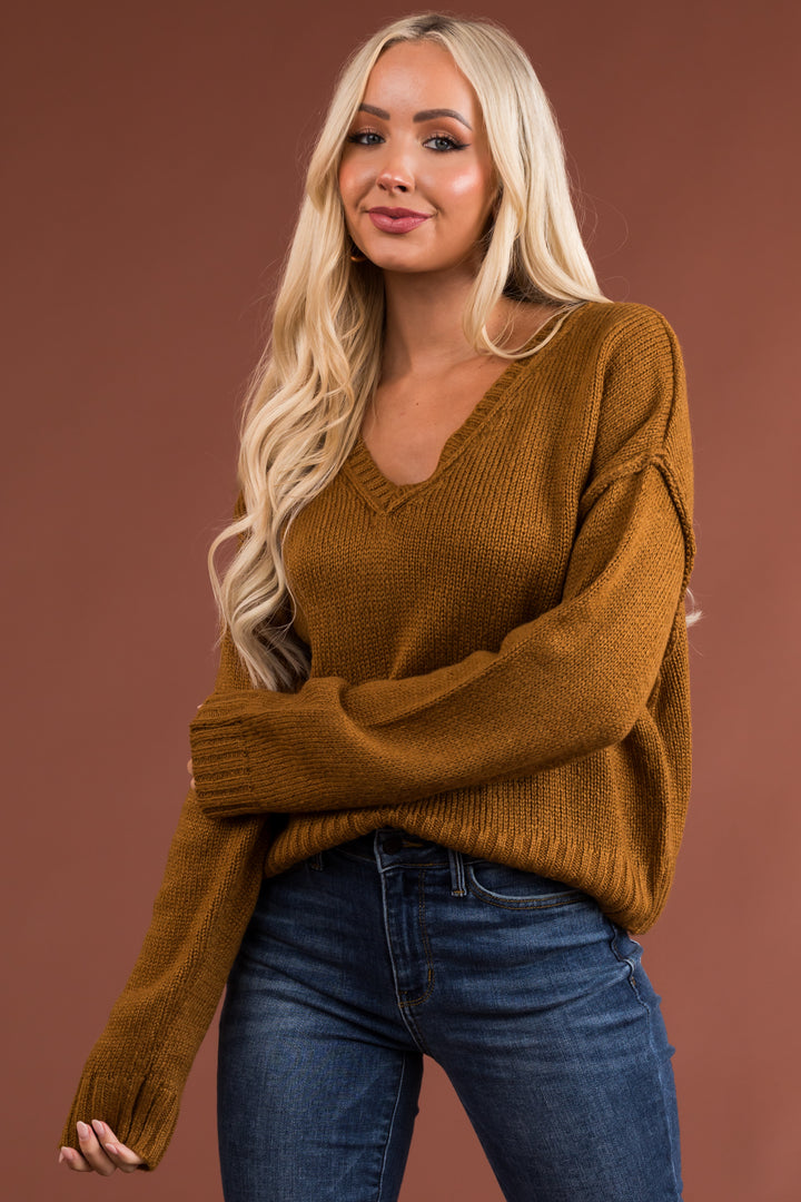 Sepia Brown V Neck Drop Shoulder Sweater
