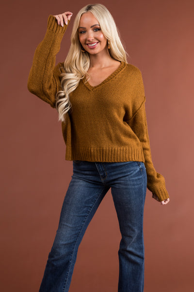 Sepia Brown V Neck Drop Shoulder Sweater