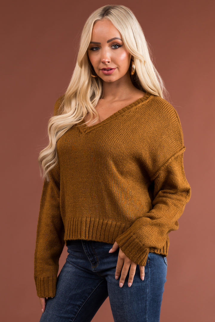 Sepia Brown V Neck Drop Shoulder Sweater