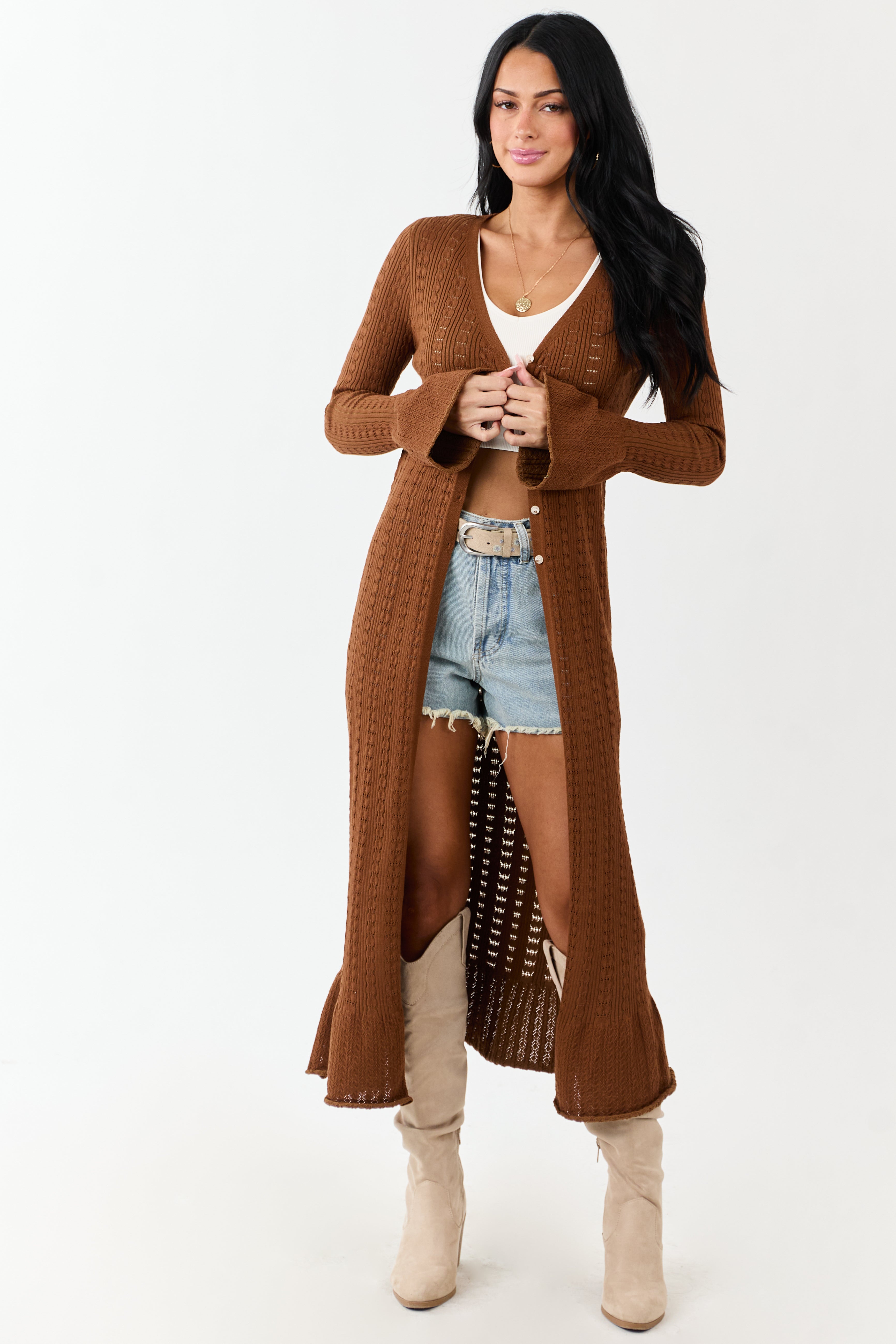 Sepia Button Down Long Sleeve Duster Cardigan | Lime Lush Boutique