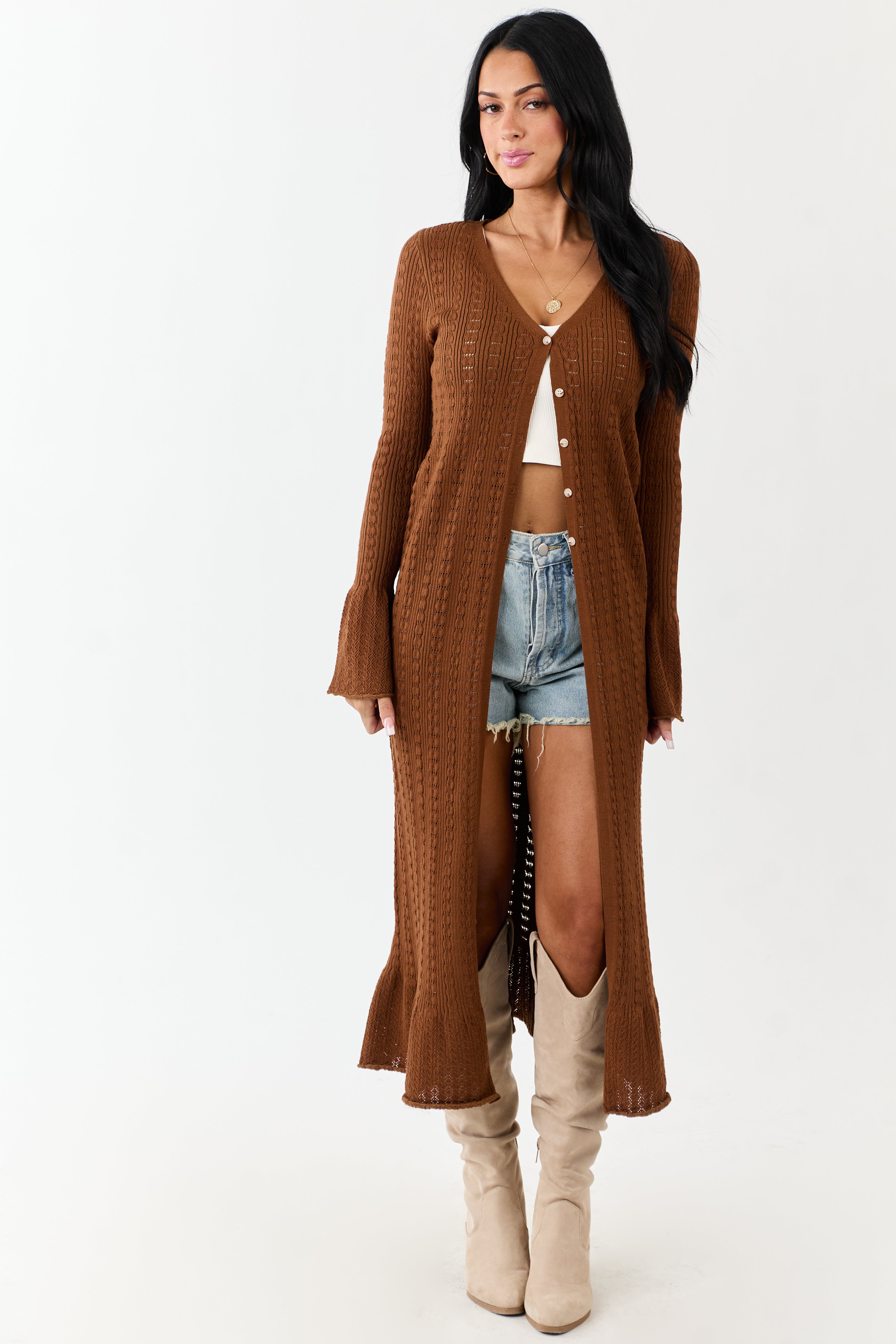 Sepia Button Down Long Sleeve Duster Cardigan