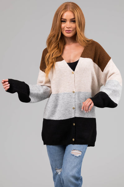 Sepia Colorblock Striped Oversized Cardigan