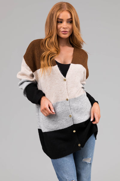 Sepia Colorblock Striped Oversized Cardigan