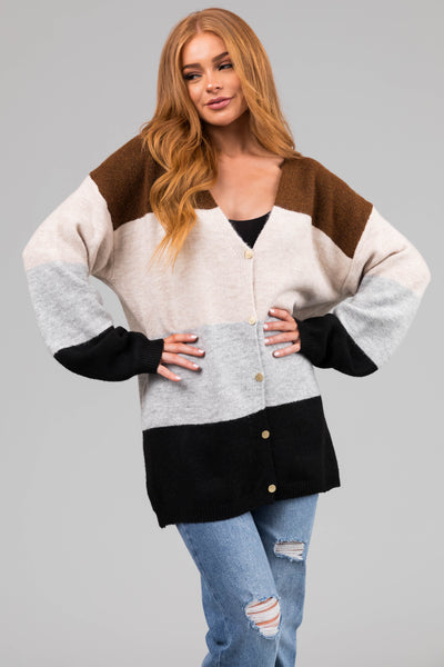 Sepia Colorblock Striped Oversized Cardigan