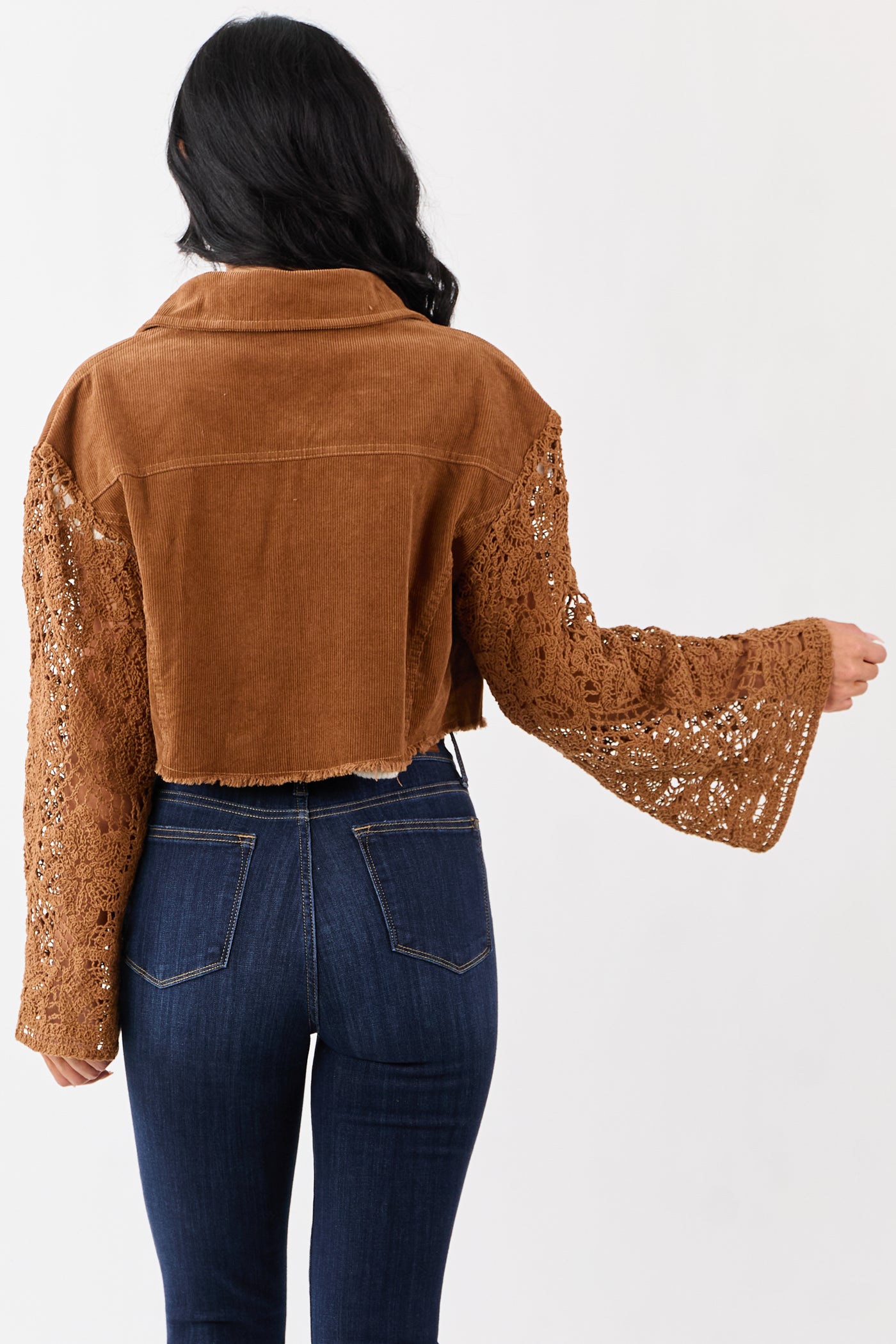 Sepia Corduroy Contrast Crochet Sleeve Crop Jacket
