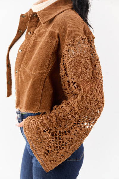 Sepia Corduroy Contrast Crochet Sleeve Crop Jacket