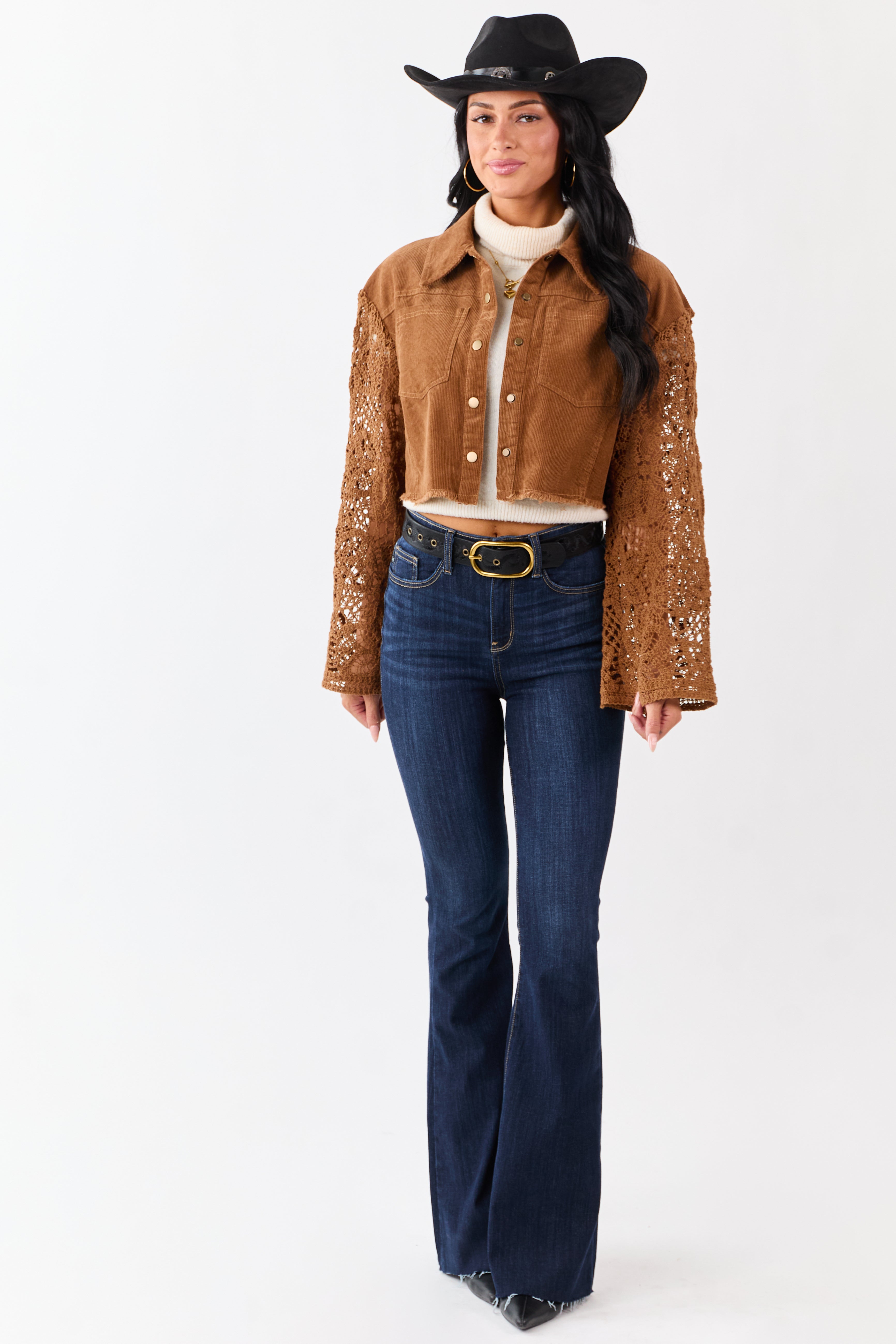 Sepia Corduroy Contrast Crochet Sleeve Crop Jacket