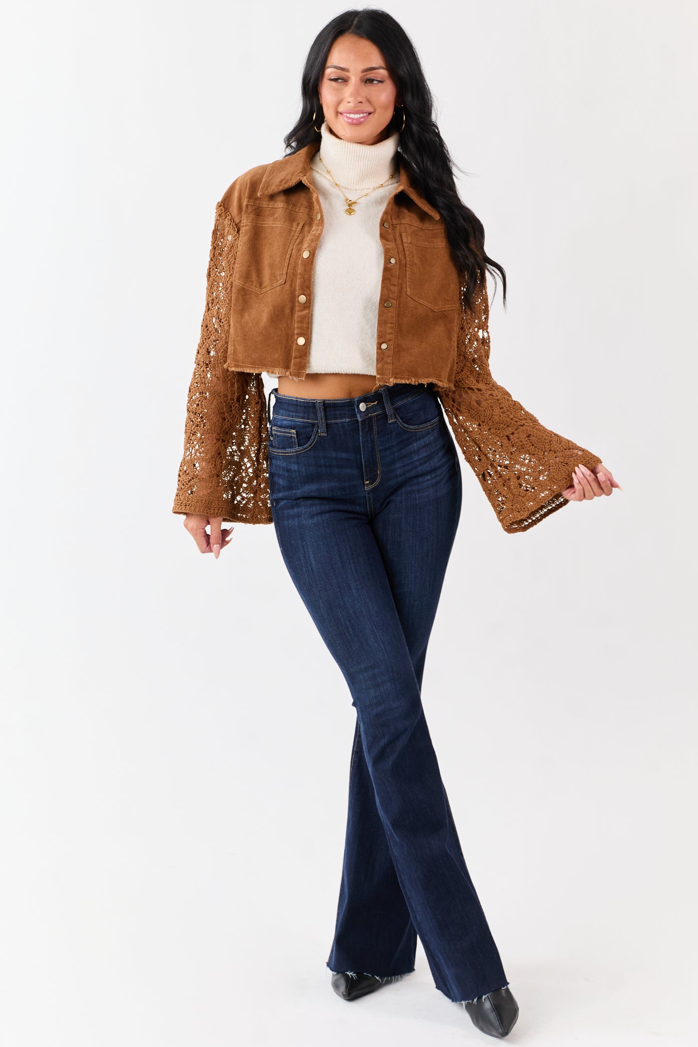 Sepia Corduroy Contrast Crochet Sleeve Crop Jacket