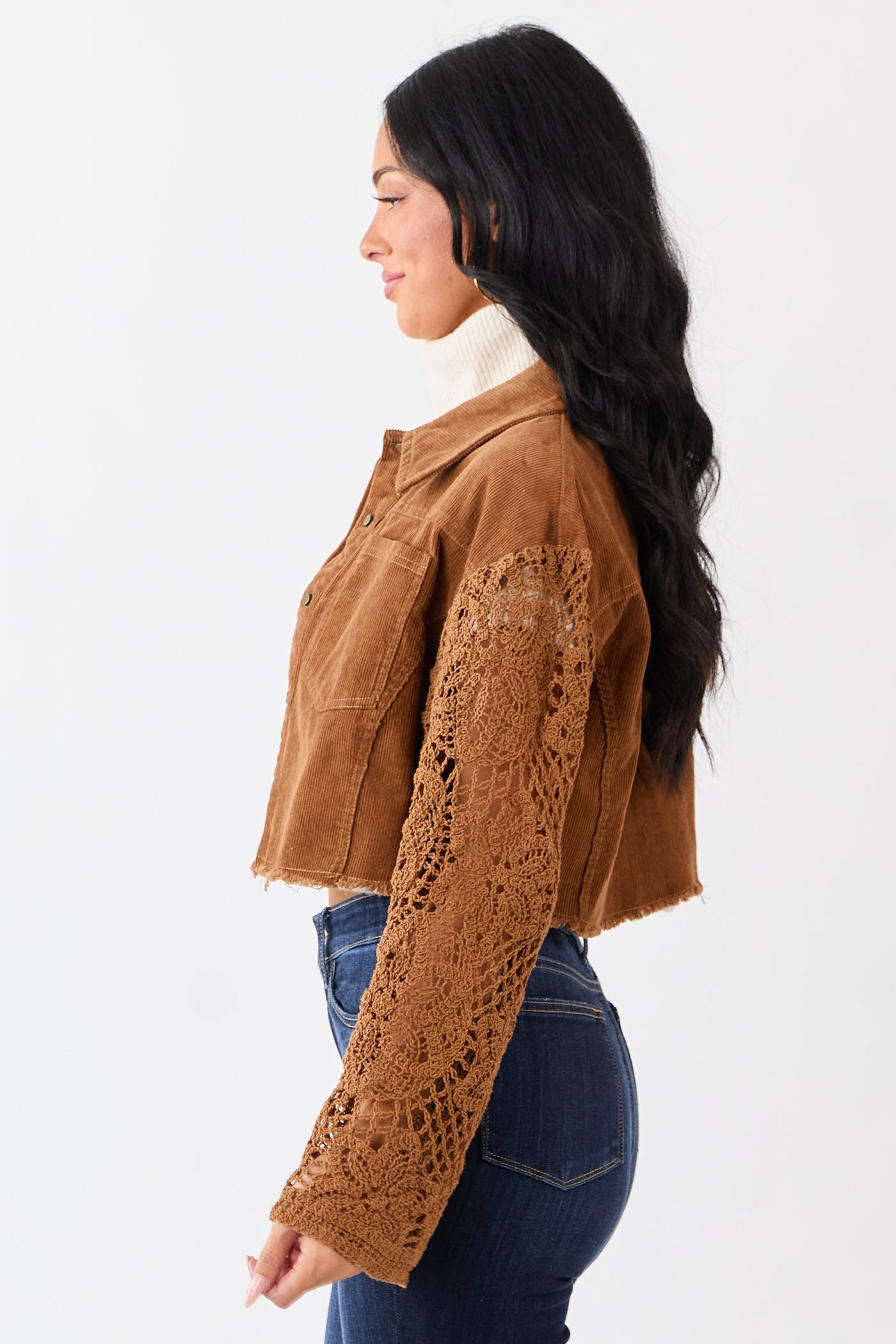 Sepia Corduroy Contrast Crochet Sleeve Crop Jacket
