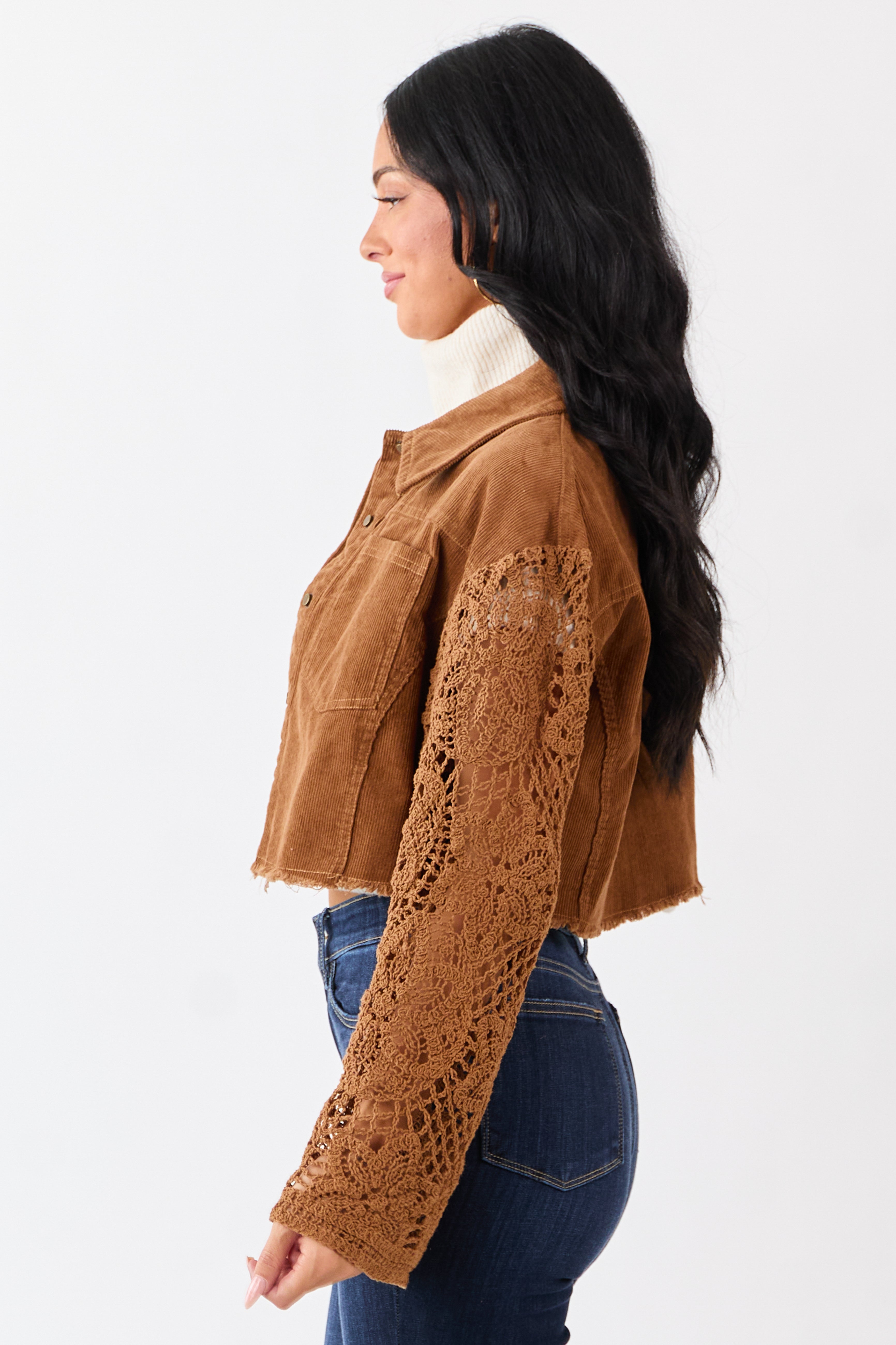 Sepia Corduroy Contrast Crochet Sleeve Crop Jacket