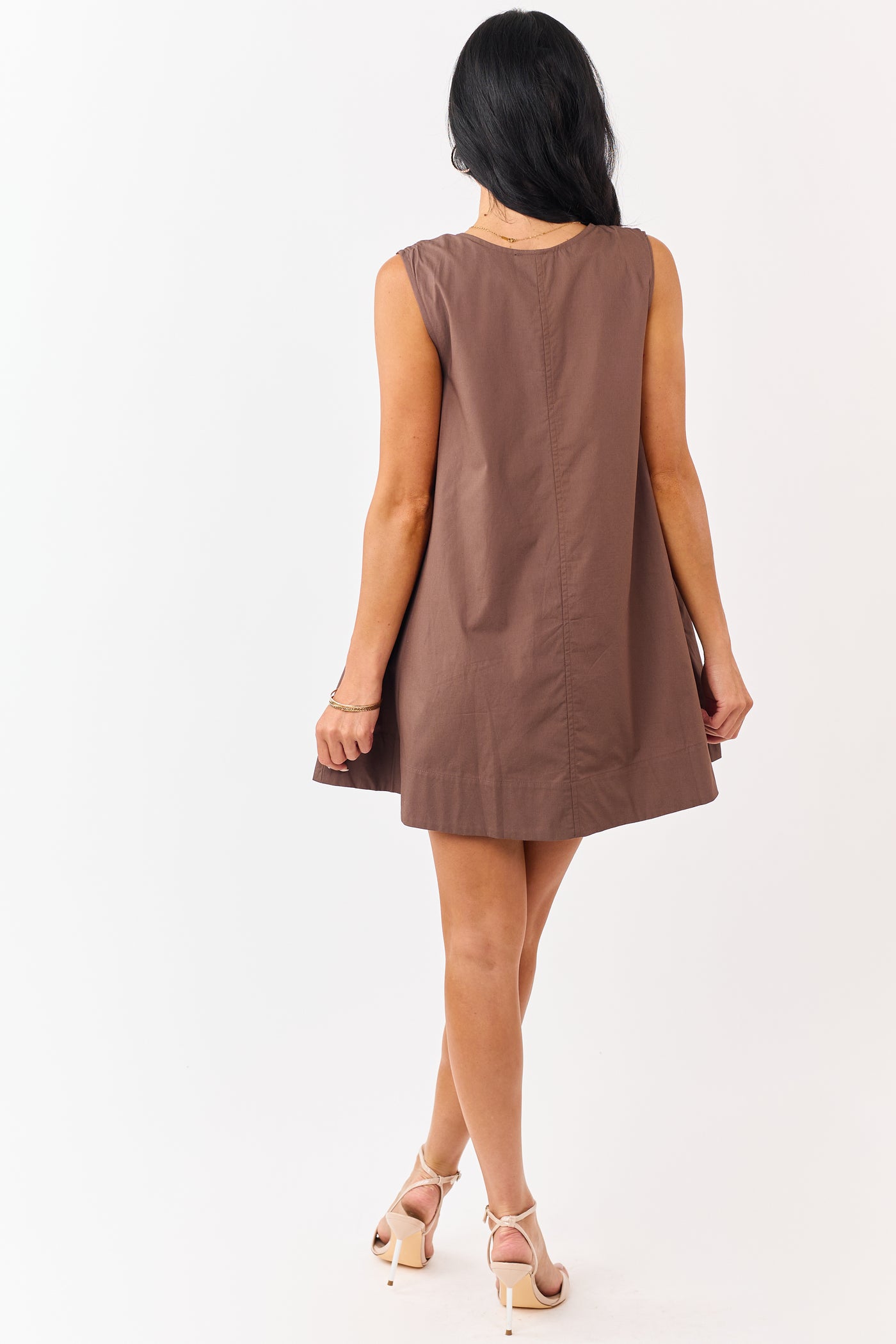 Sepia Cotton Gathered Scoop Neck Flowy MIni Dress