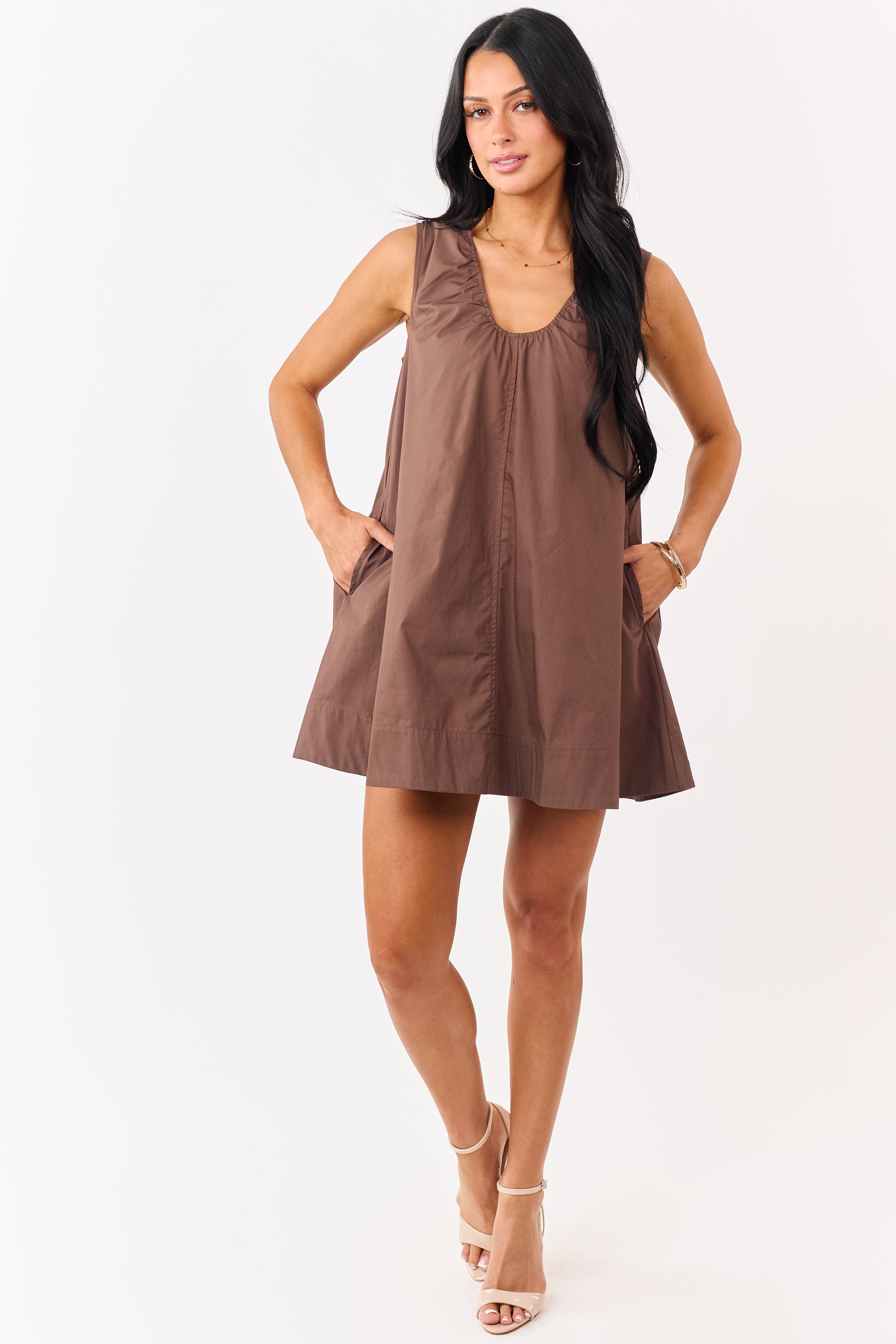 Sepia Cotton Gathered Scoop Neck Flowy MIni Dress