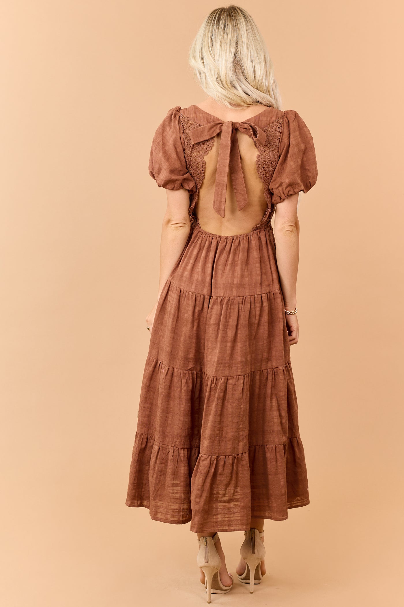 Sepia Cotton Lace Bodice Open Back Maxi Dress