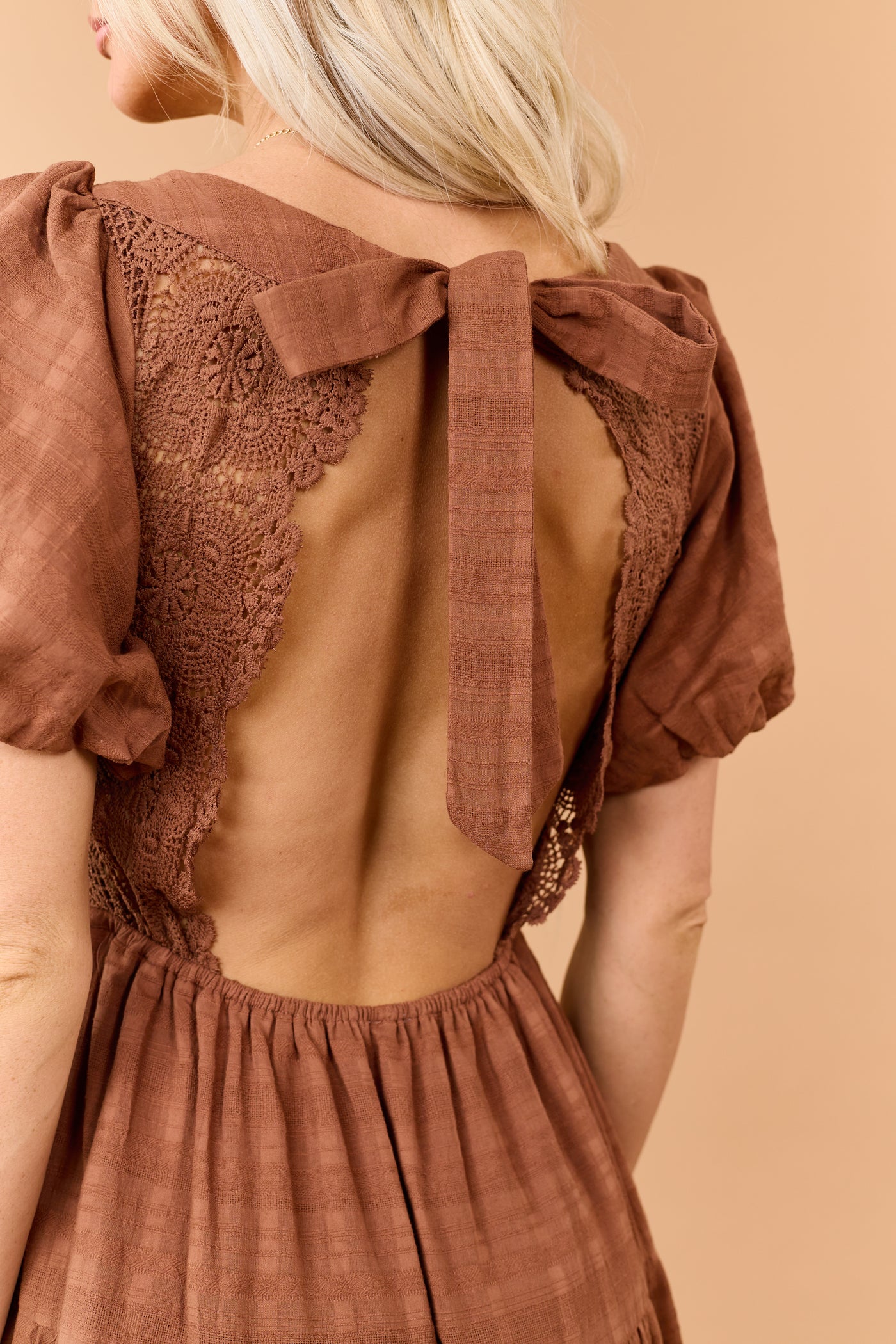 Sepia Cotton Lace Bodice Open Back Maxi Dress