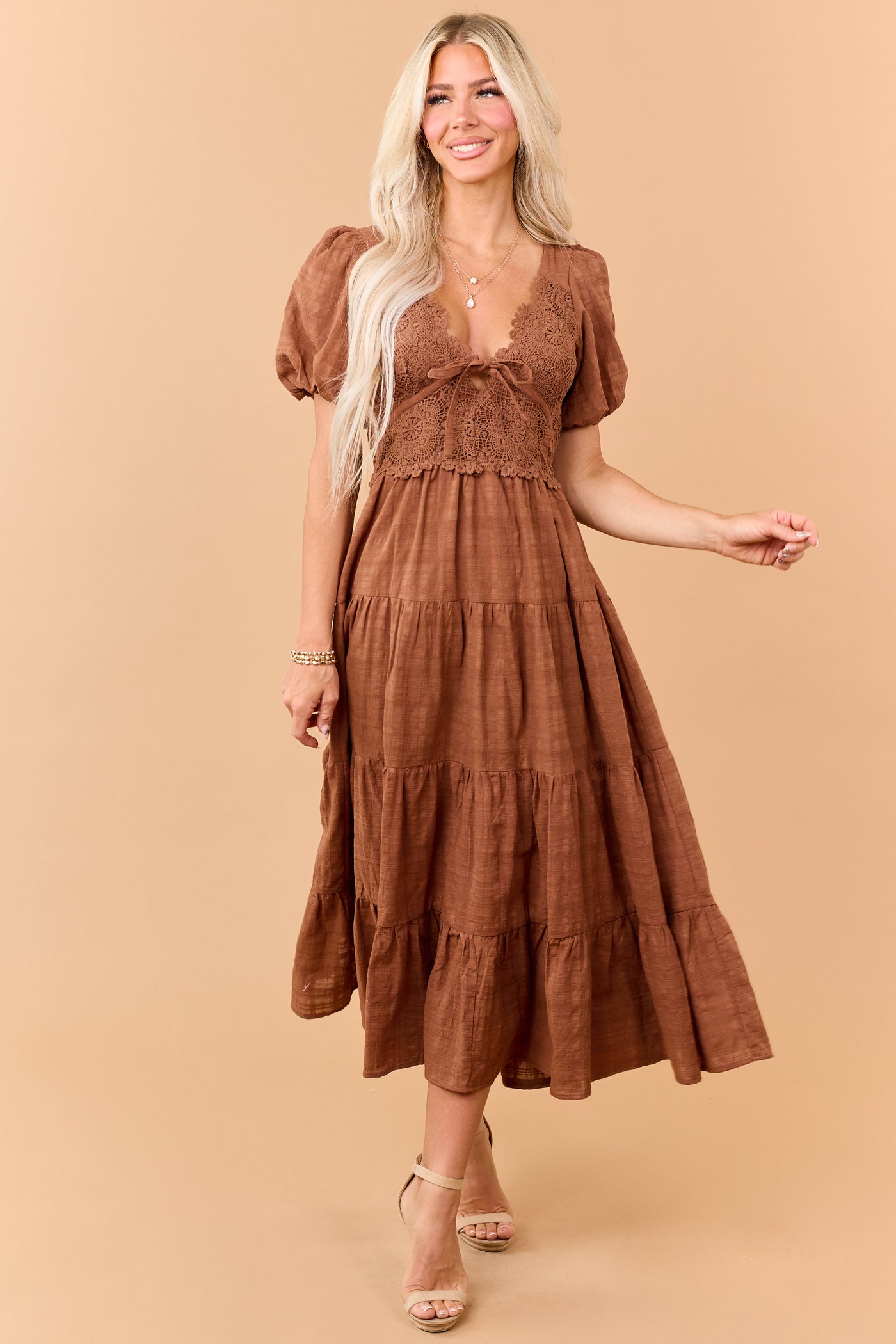 Sepia Cotton Lace Bodice Open Back Maxi Dress