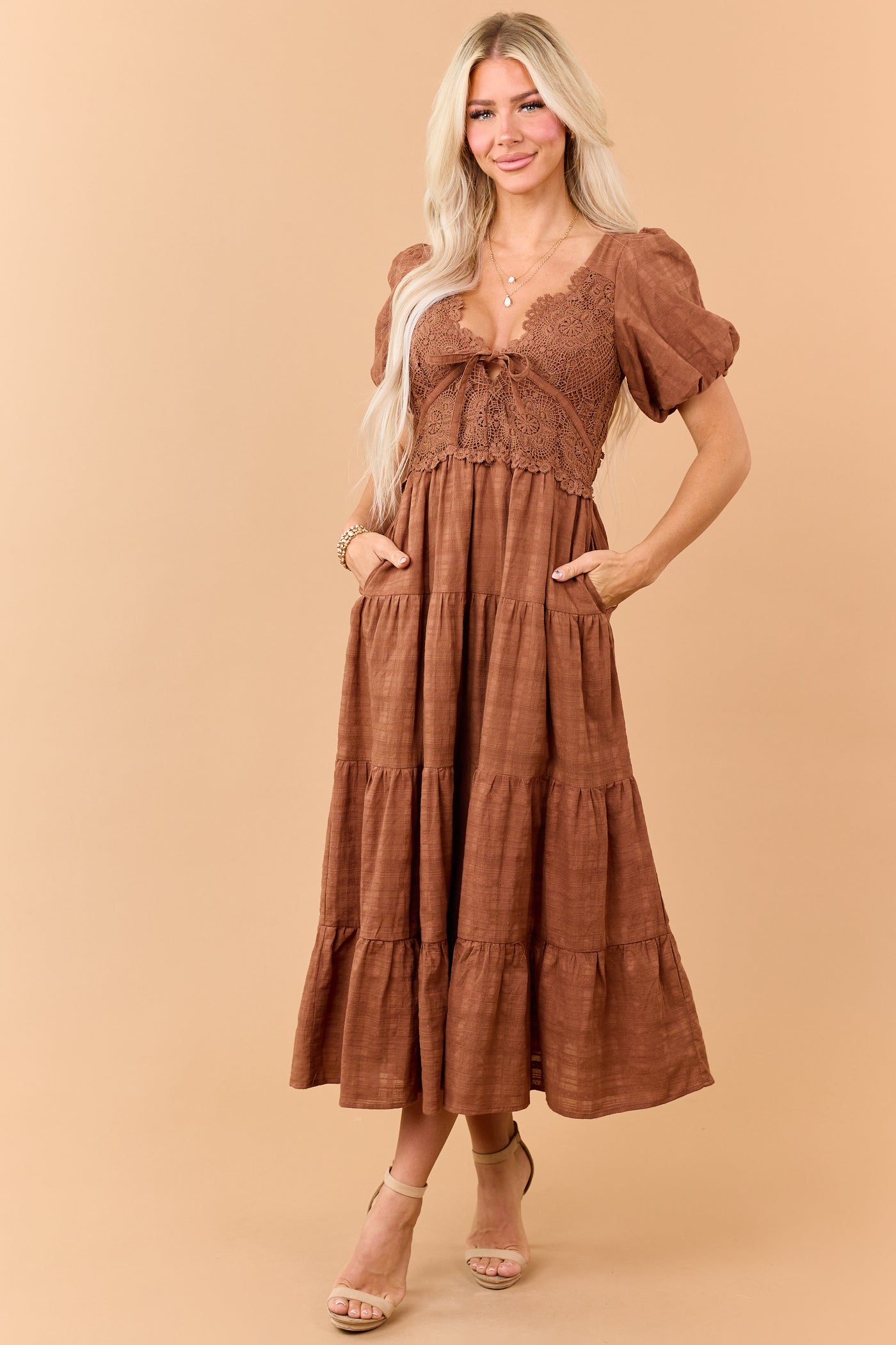 Sepia Cotton Lace Bodice Open Back Maxi Dress