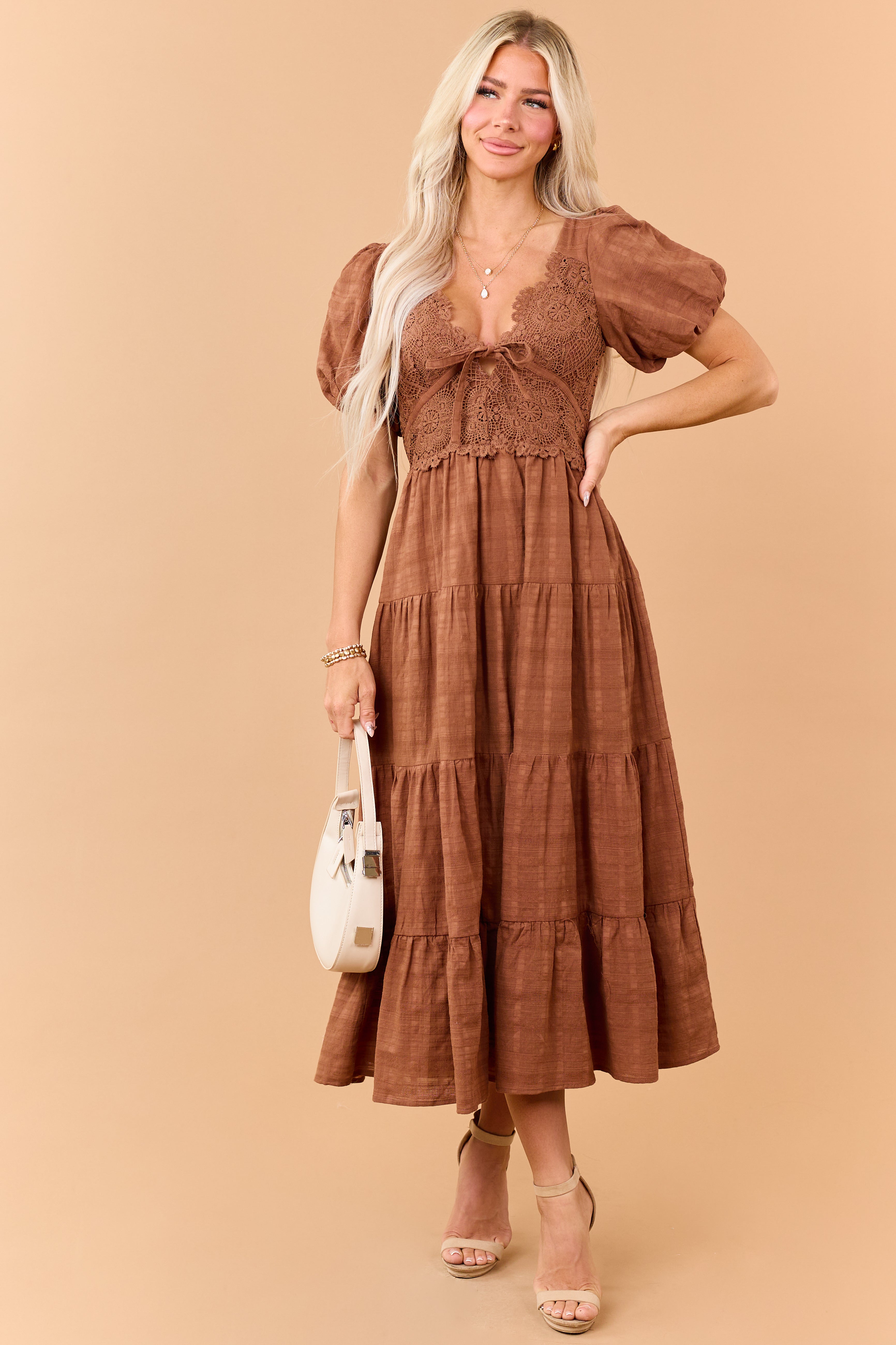 Sepia Cotton Lace Bodice Open Back Maxi Dress