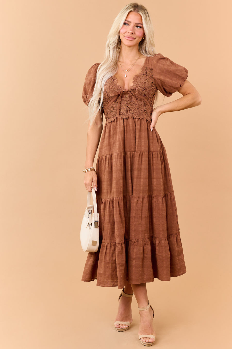 Sepia Cotton Lace Bodice Open Back Maxi Dress