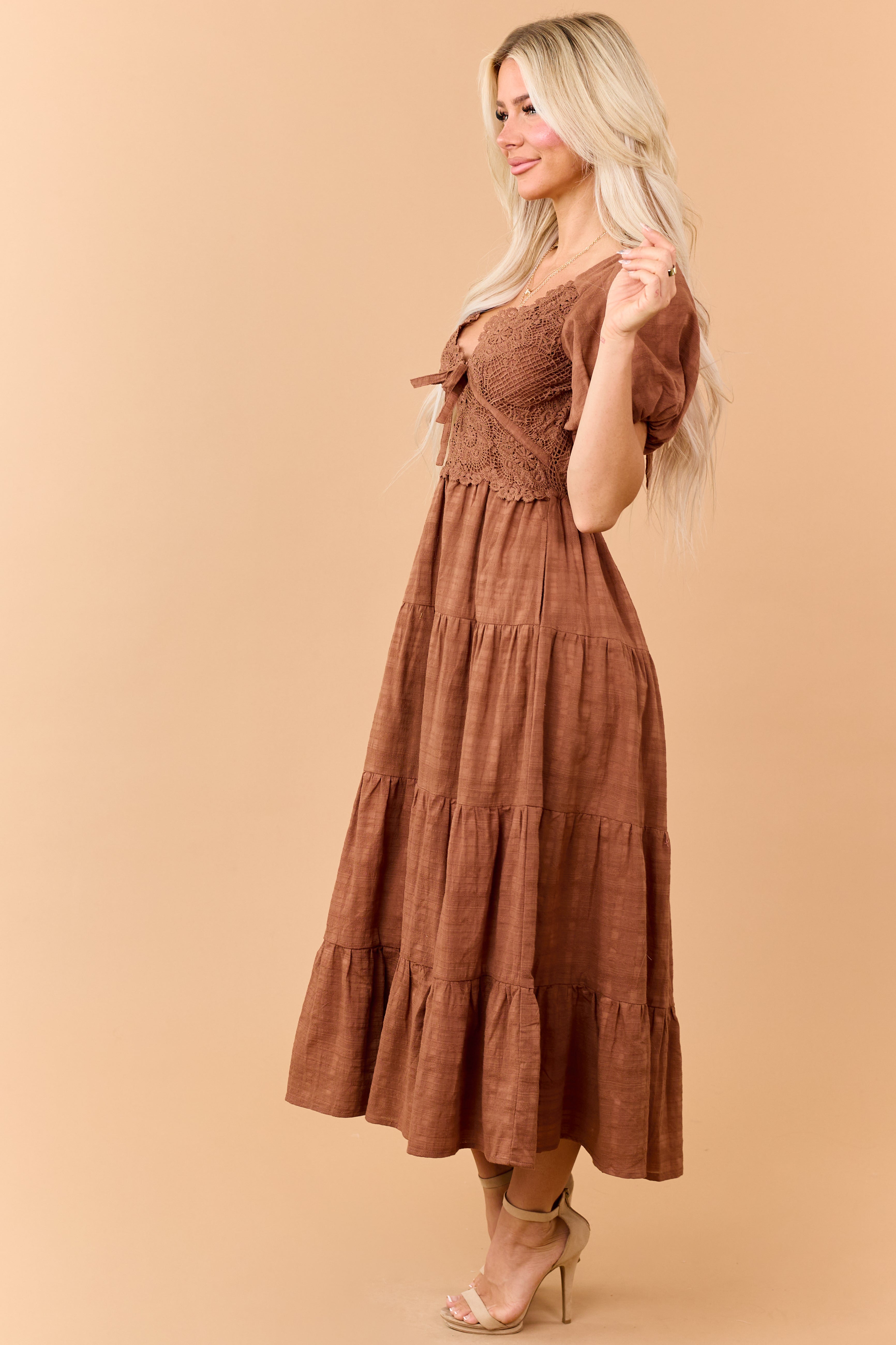 Sepia Cotton Lace Bodice Open Back Maxi Dress