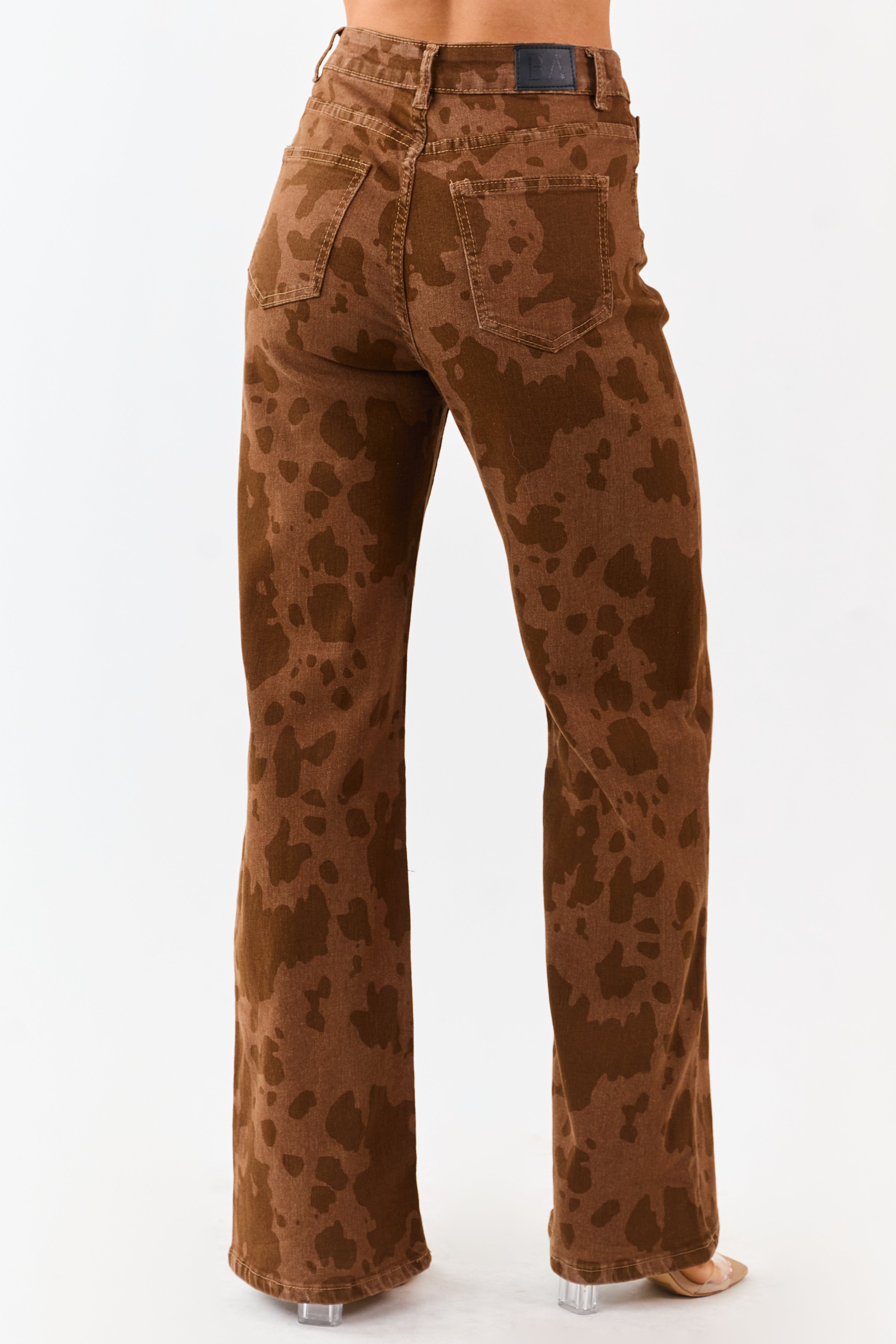 Sepia Cow Print Stretchy Straight Leg Jeans
