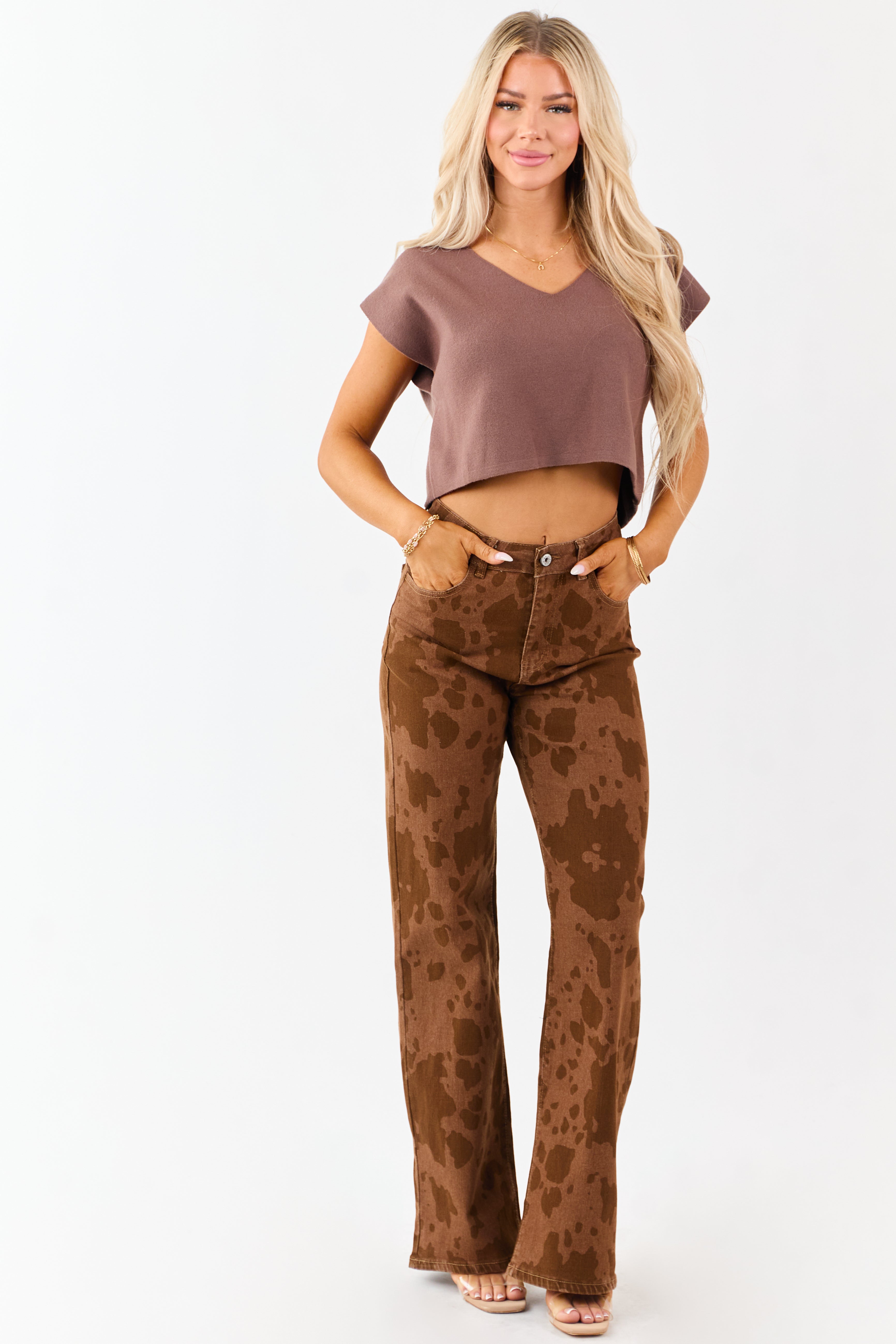 Sepia Cow Print Stretchy Straight Leg Jeans