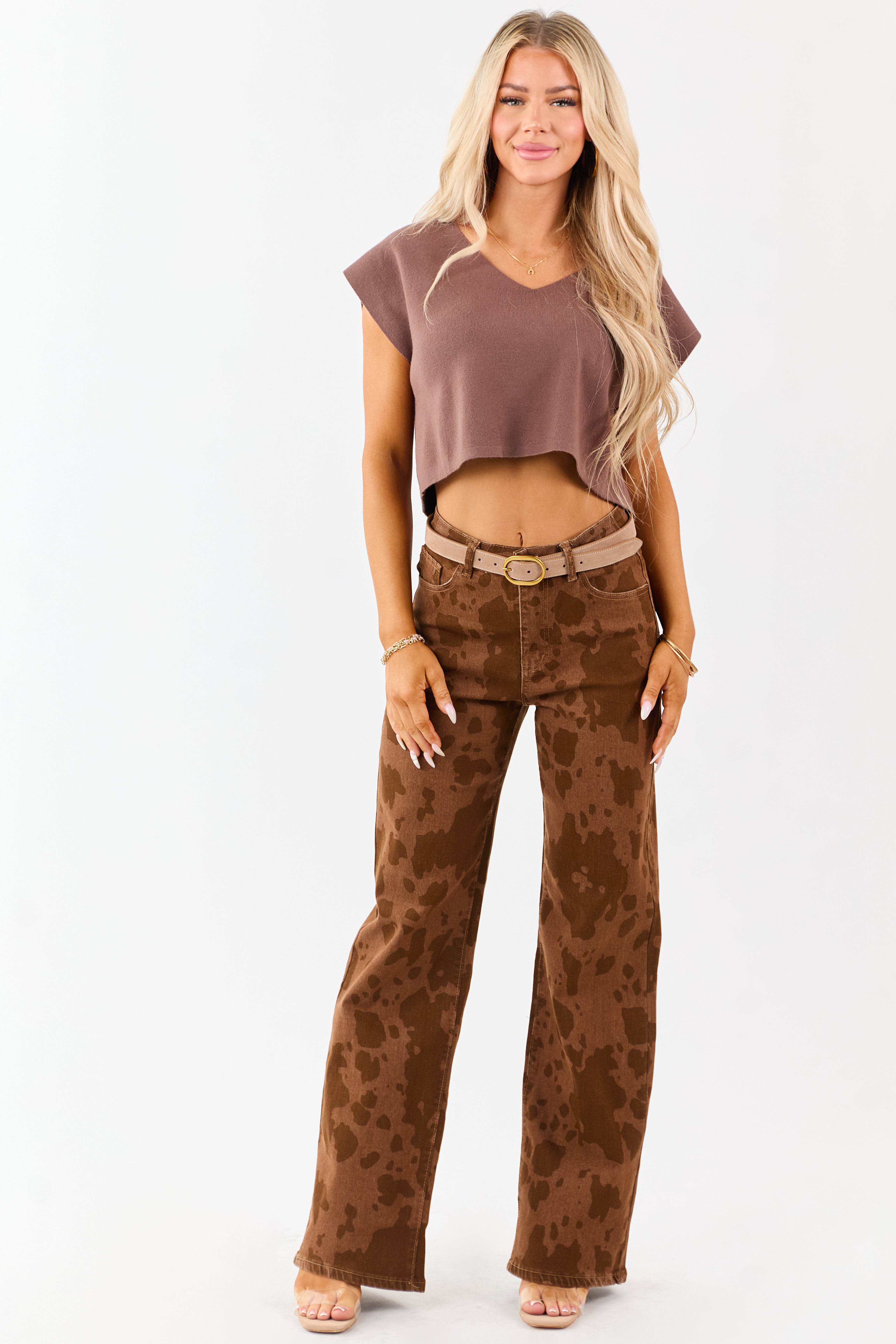 Sepia Cow Print Stretchy Straight Leg Jeans