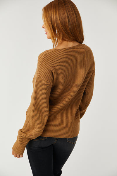 Sepia Crossover V Neck Ribbed Knit Sweater