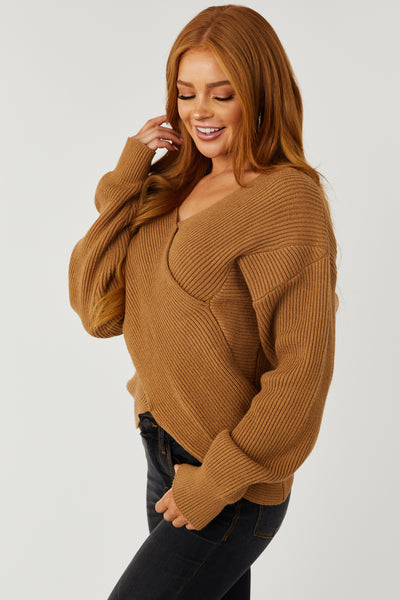 Sepia Crossover V Neck Ribbed Knit Sweater