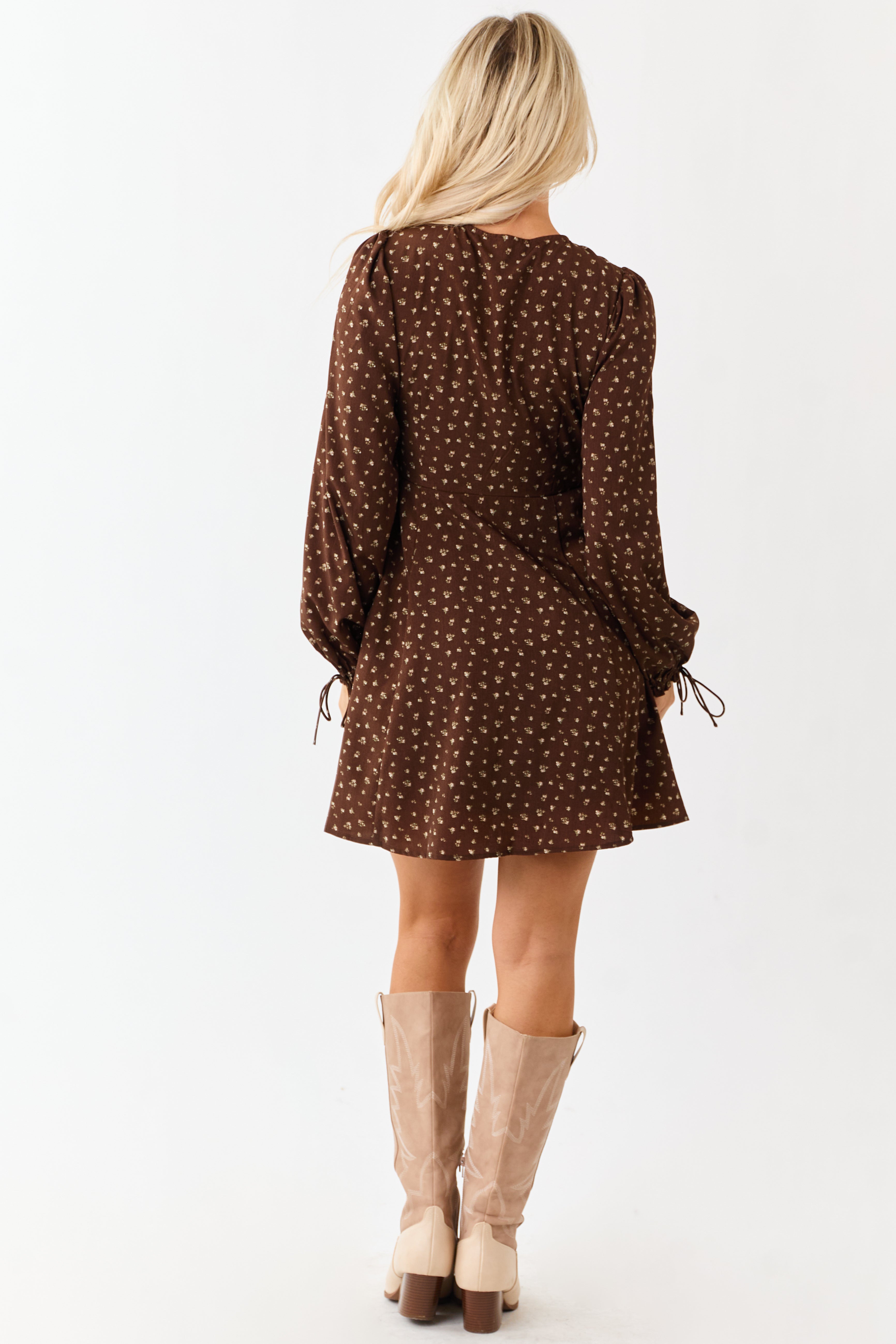Sepia Ditsy Floral Print Puff Sleeve Mini Dress