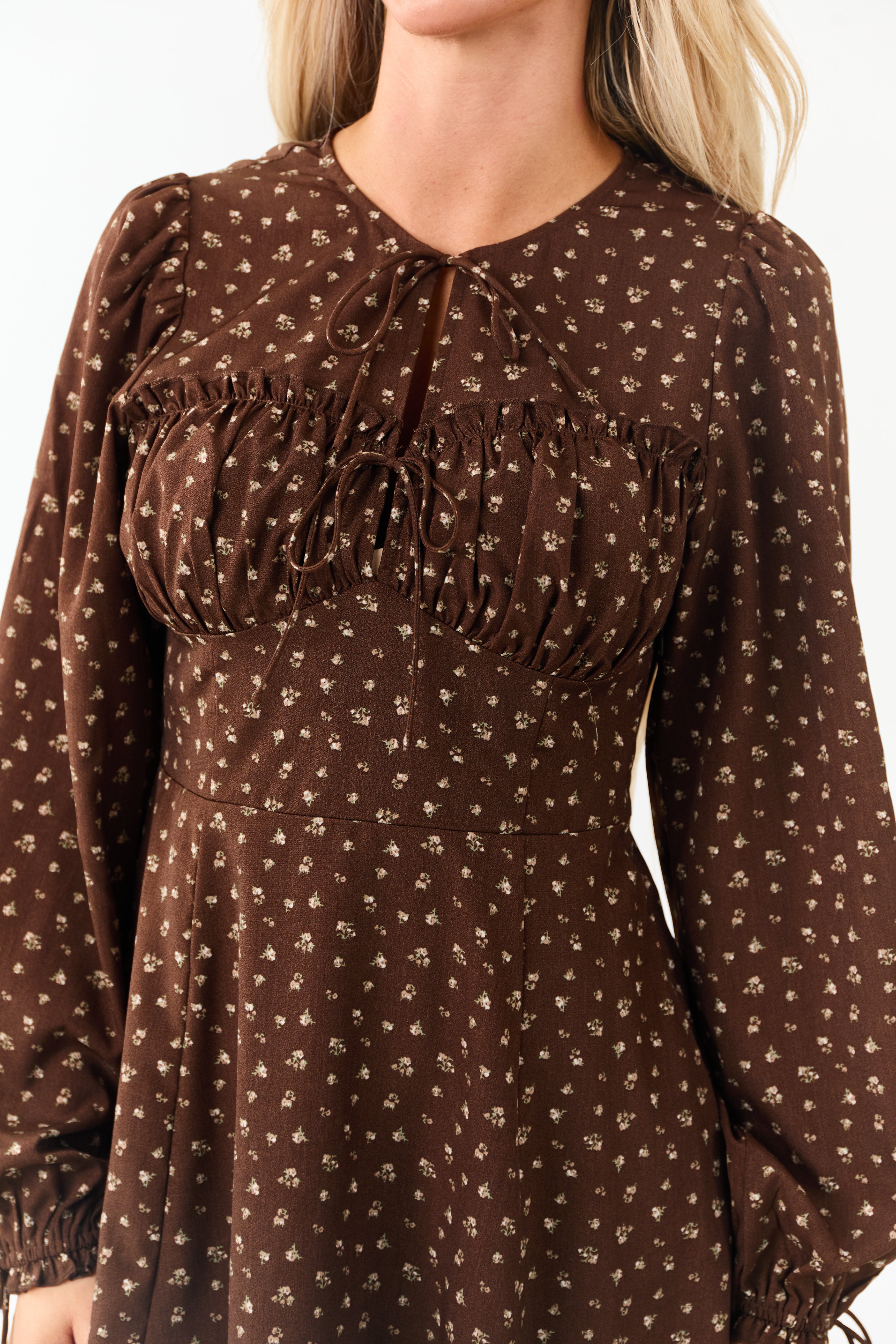 Sepia Ditsy Floral Print Puff Sleeve Mini Dress