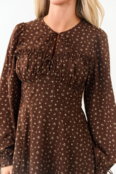 Sepia Ditsy Floral Print Puff Sleeve Mini Dress