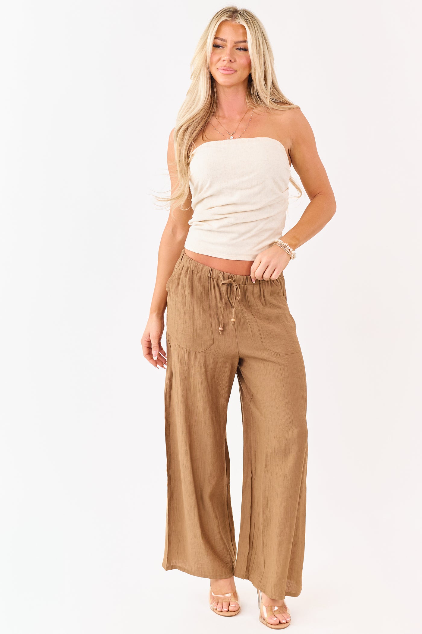Sepia Elastic Waistband Wide Leg Flowy Pants