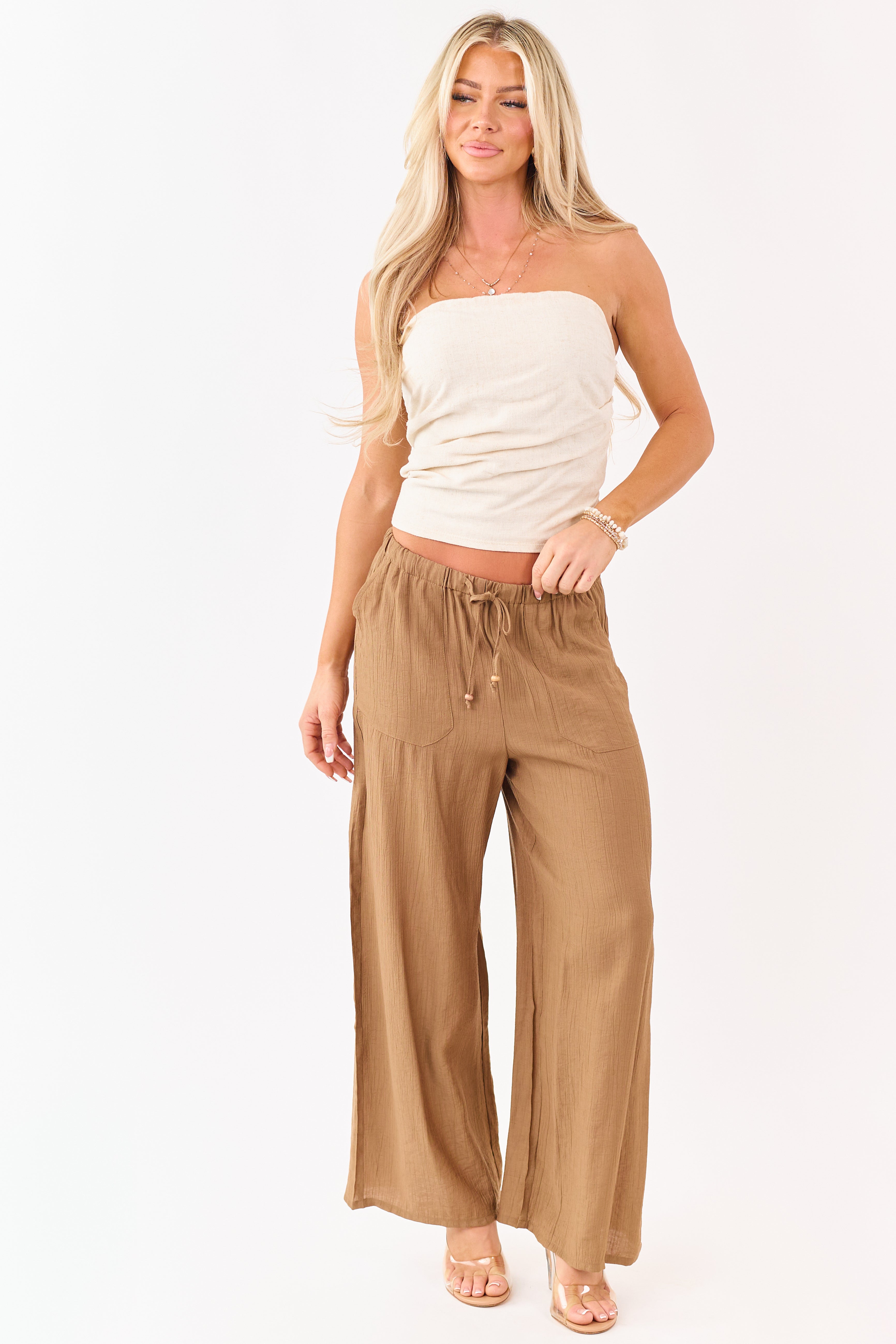 Sepia Elastic Waistband Wide Leg Flowy Pants
