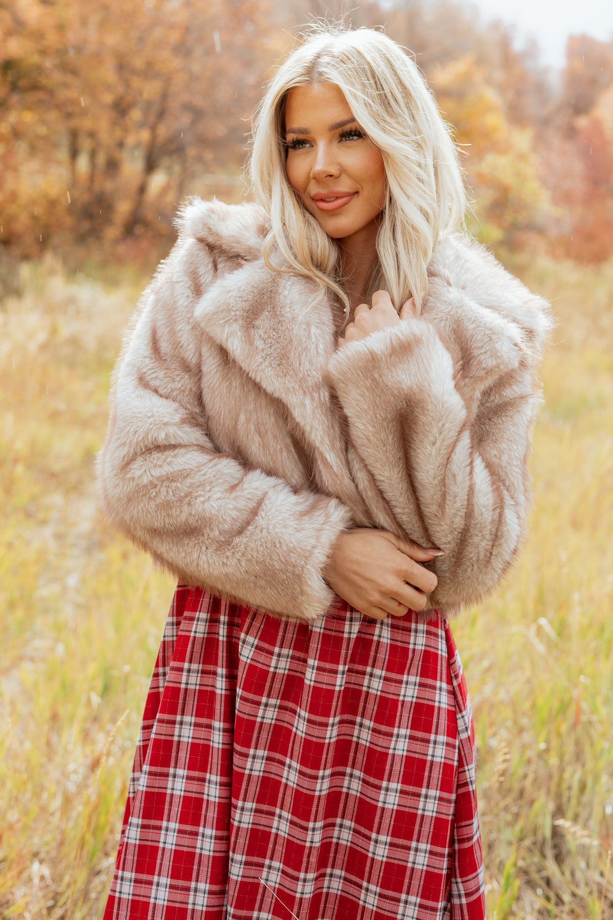 Sepia Faux Fur Open Front Lapel Collar Coat