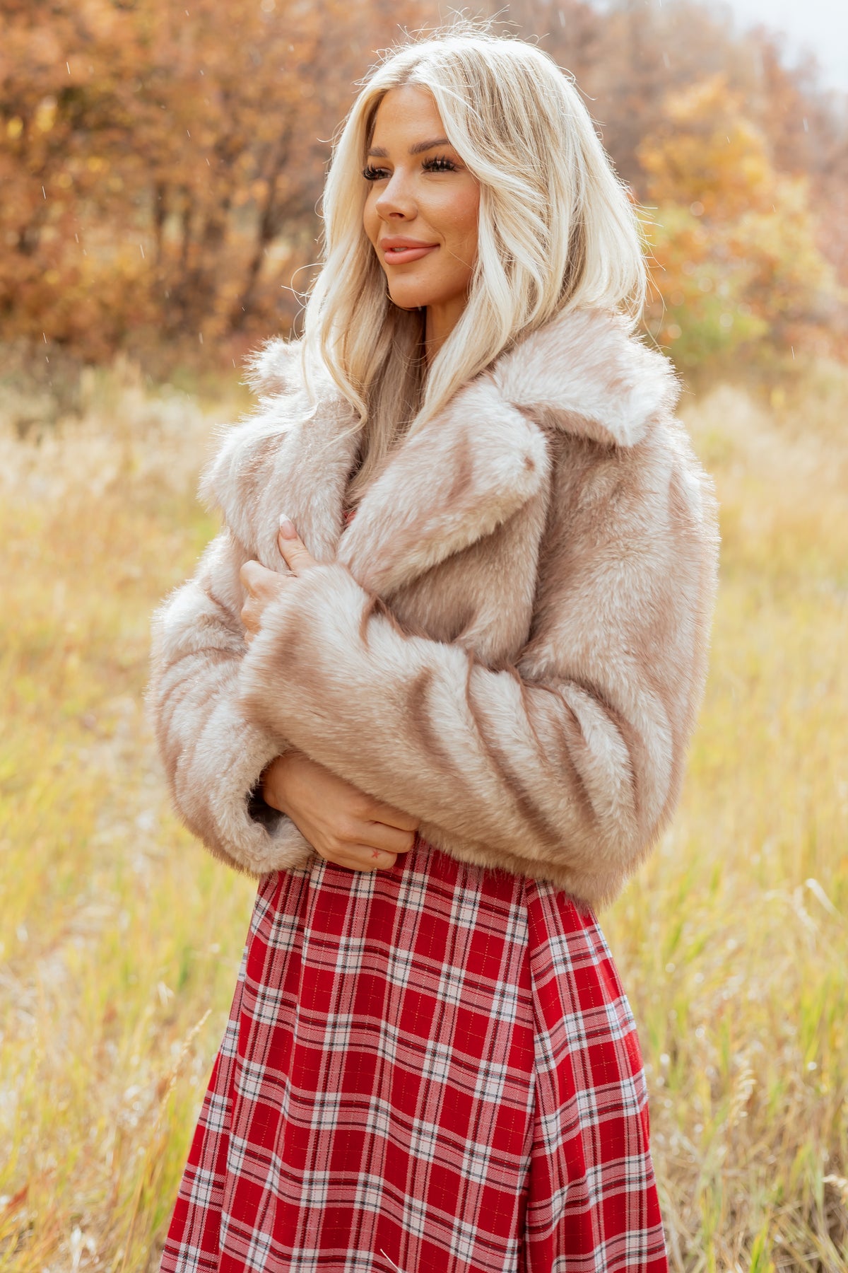 Sepia Faux Fur Open Front Lapel Collar Coat