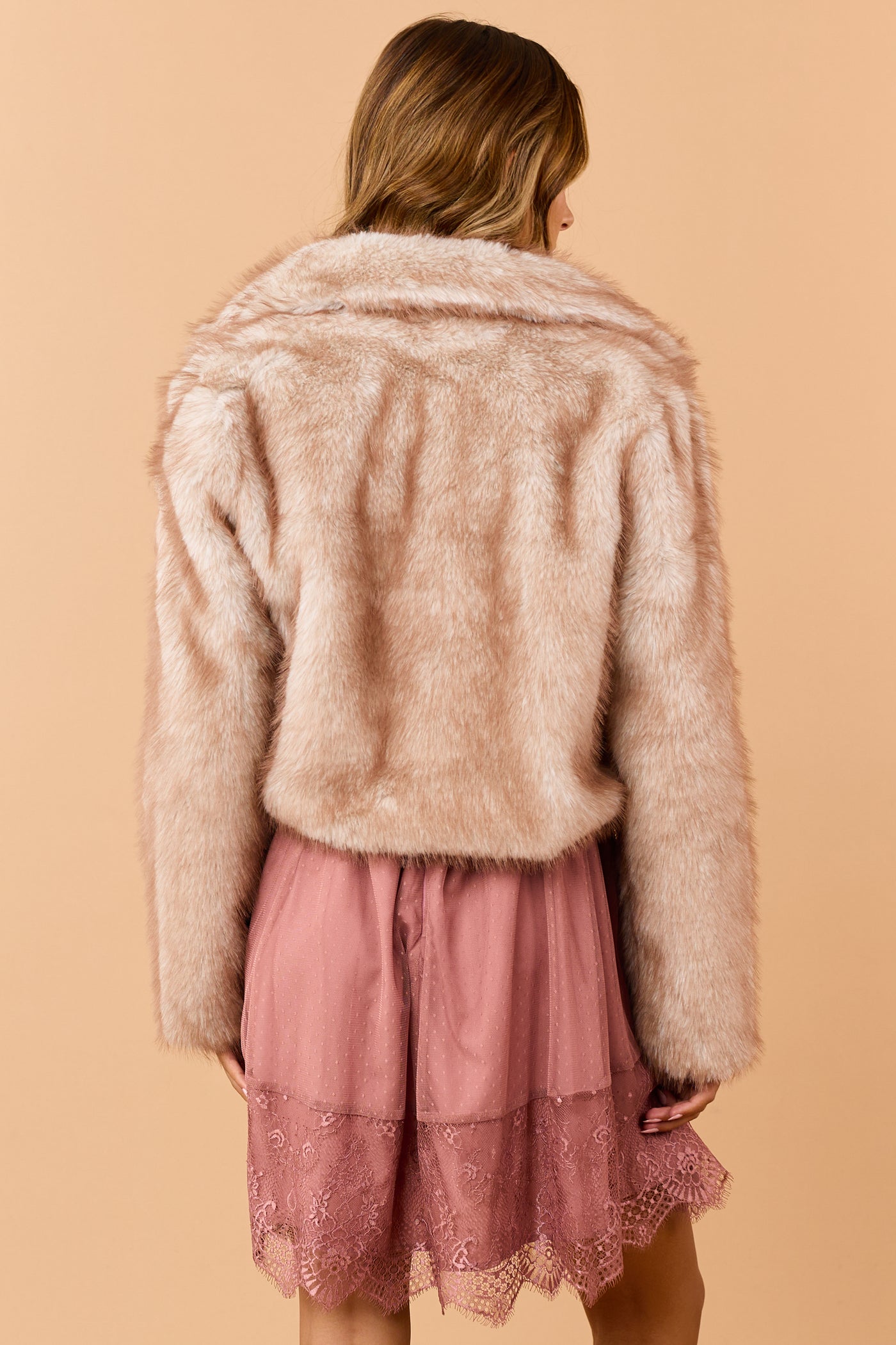 Sepia Faux Fur Open Front Lapel Collar Coat
