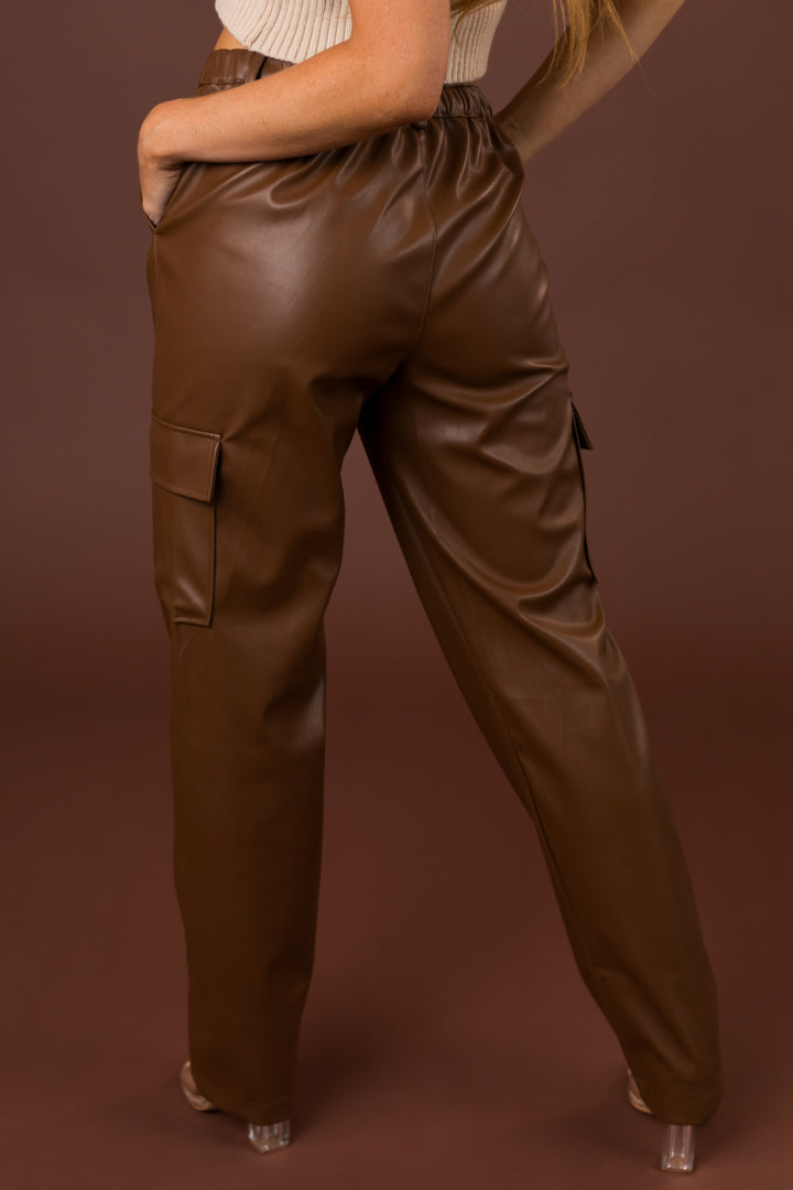 Sepia Faux Leather Cargo Straight Leg Pants