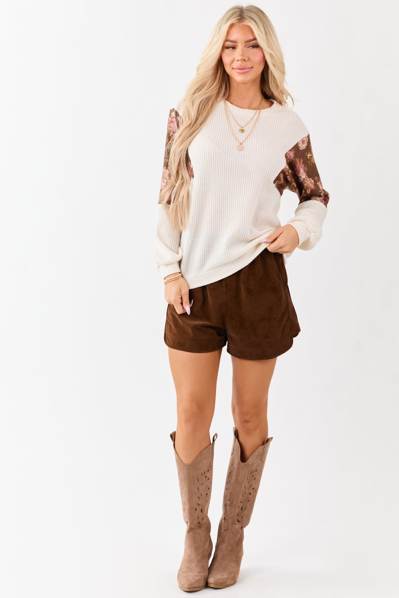 Sepia Faux Suede Elastic Waist Lined Shorts