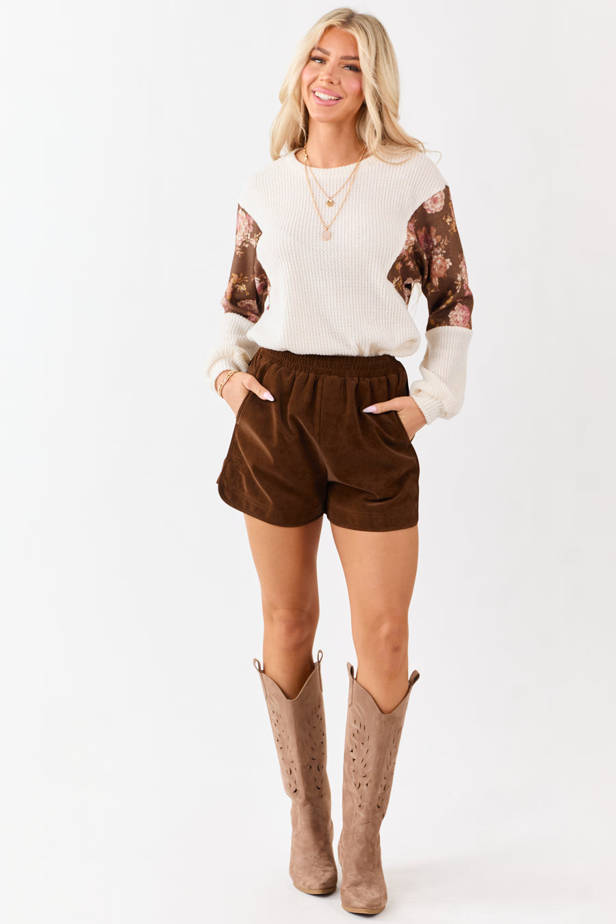 Sepia Faux Suede Elastic Waist Lined Shorts