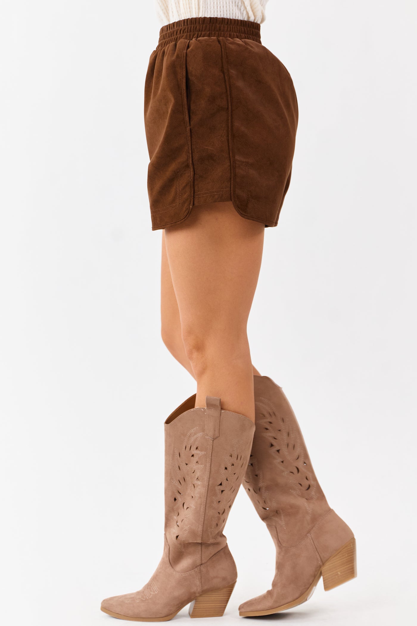 Sepia Faux Suede Elastic Waist Lined Shorts