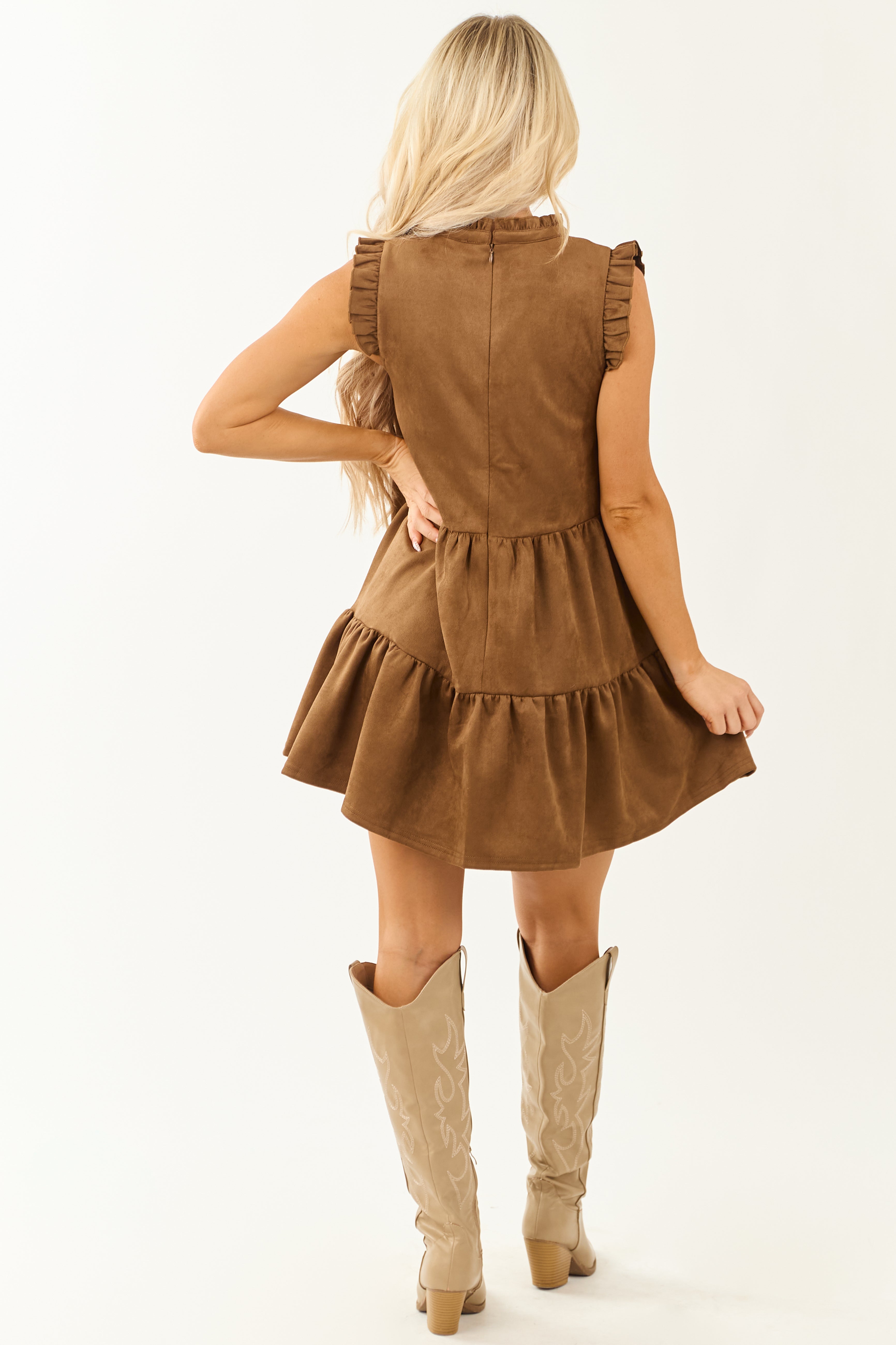 Sepia Faux Suede Frill Cuff Tent Style Mini Dress