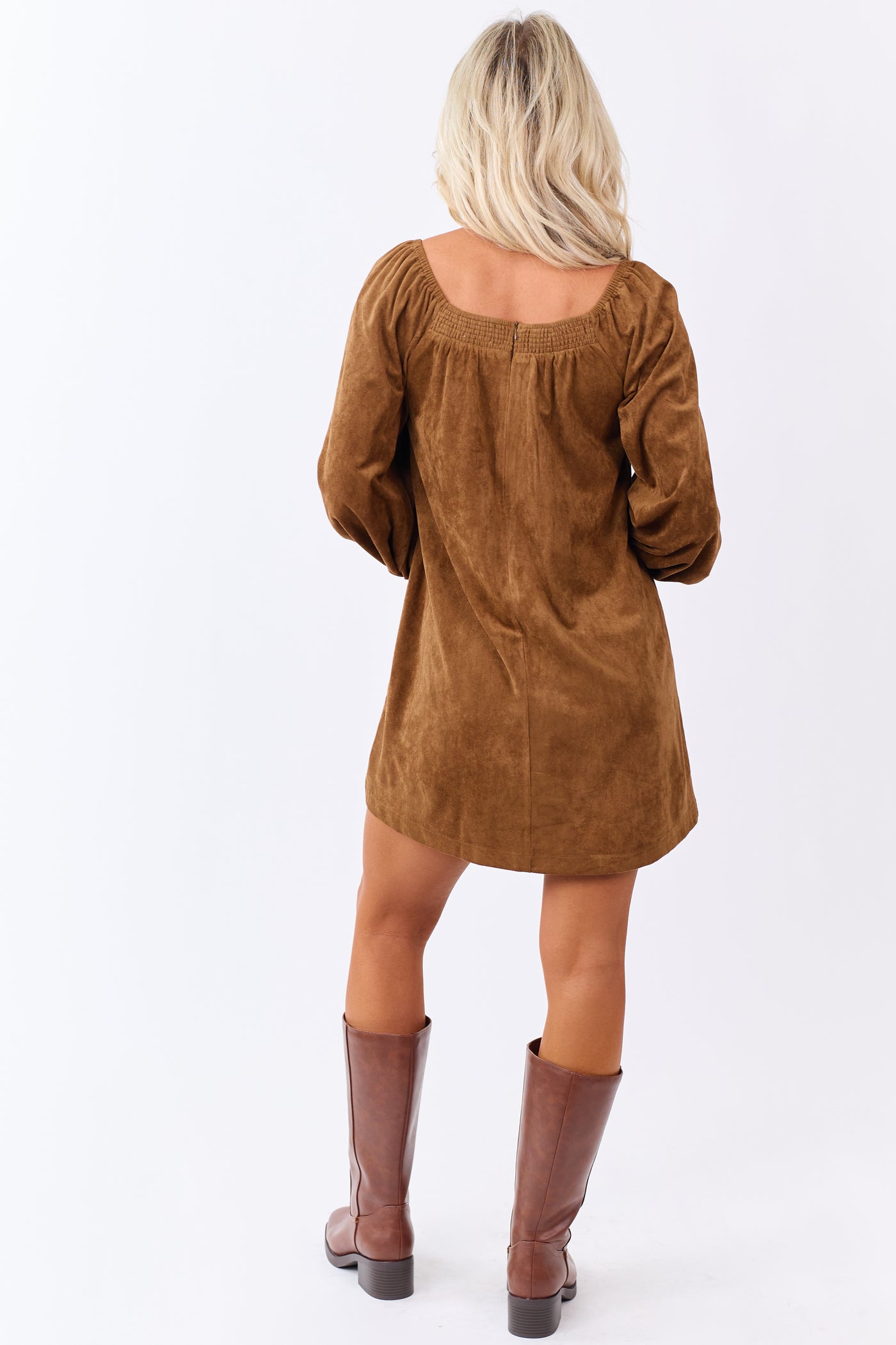 Sepia Faux Suede Puff Sleeve Square Neck Mini Dress