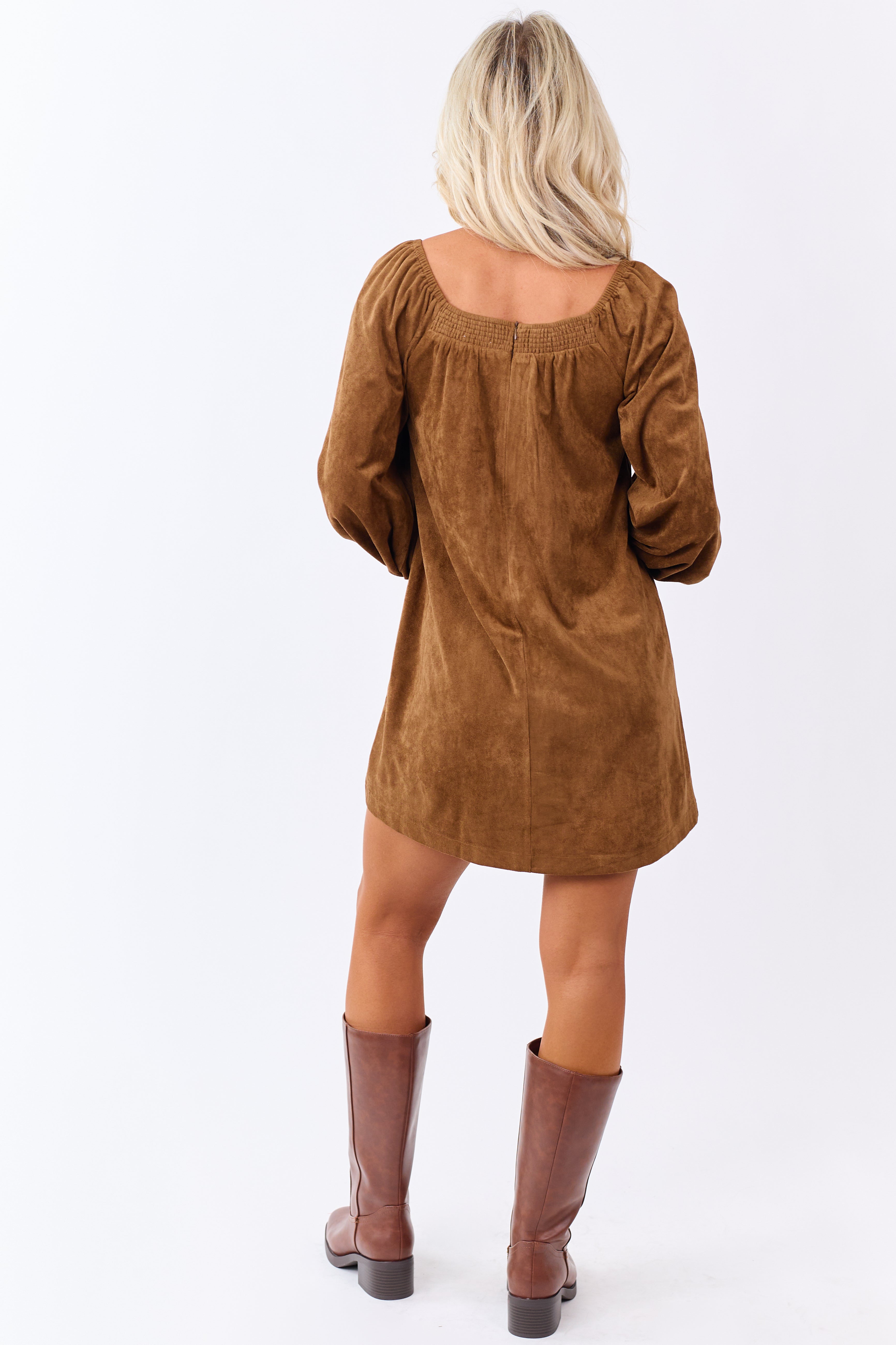 Sepia Faux Suede Puff Sleeve Square Neck Mini Dress
