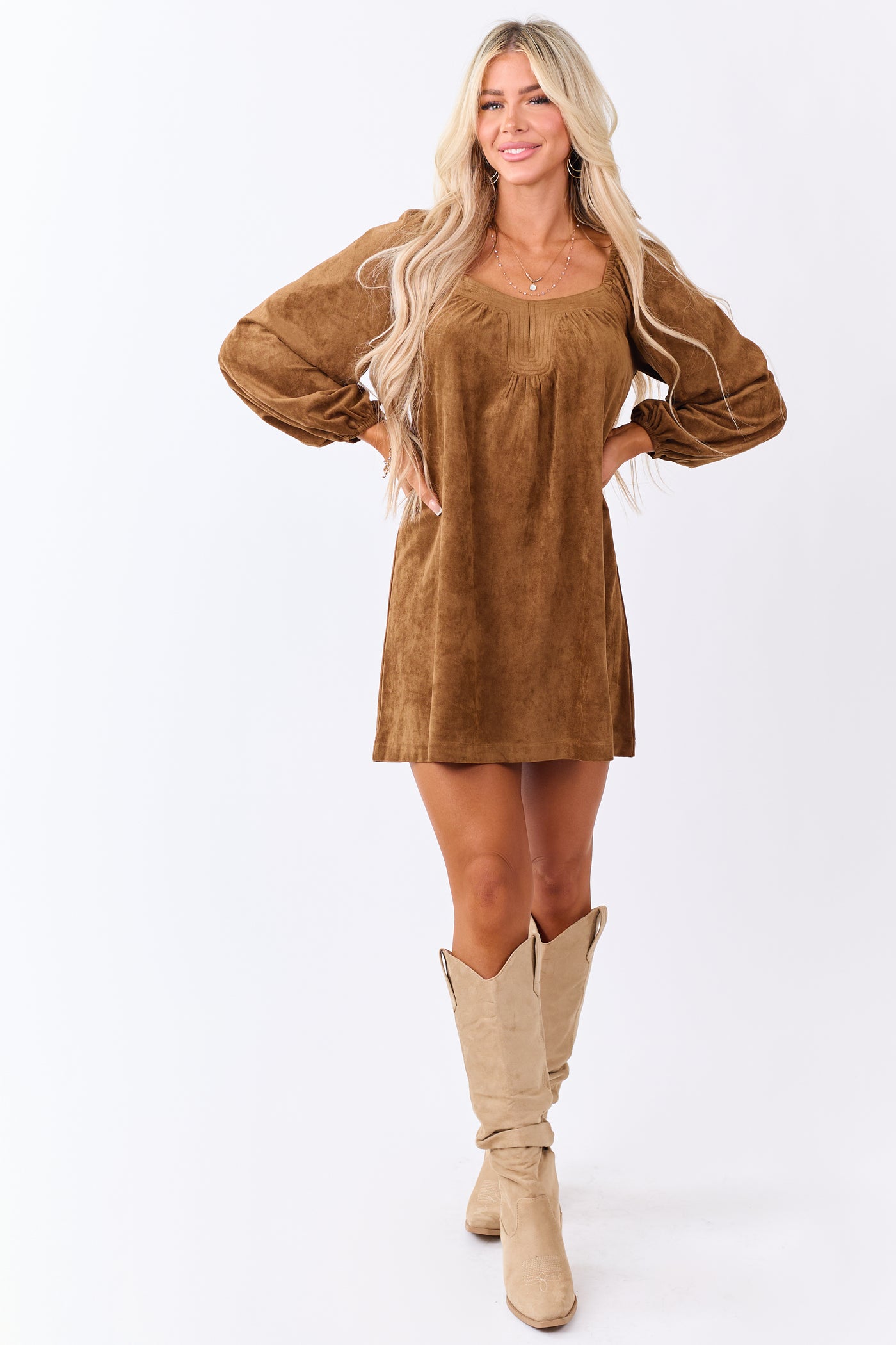 Sepia Faux Suede Puff Sleeve Square Neck Mini Dress