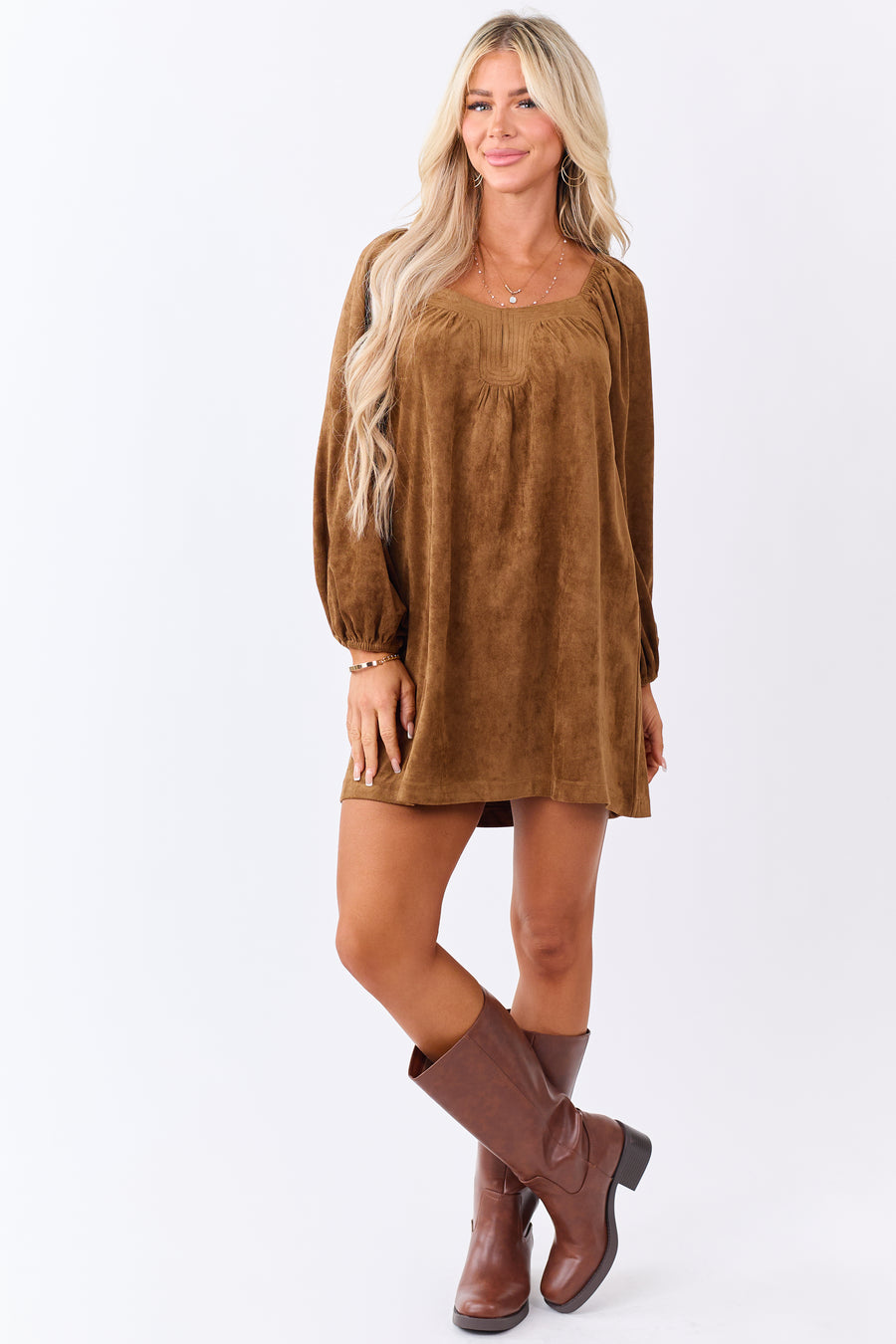 Sepia Faux Suede Puff Sleeve Square Neck Mini Dress