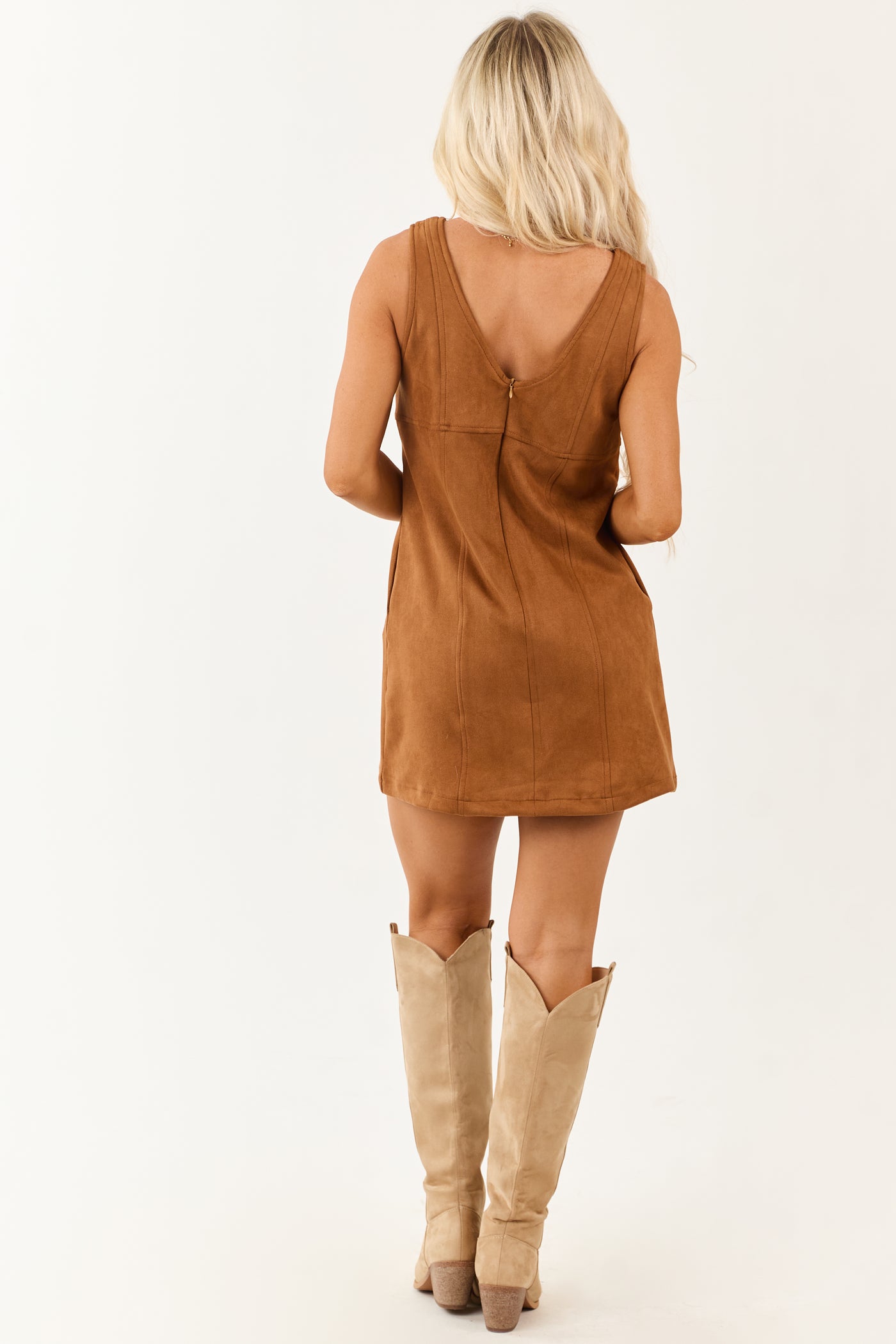 Sepia Faux Suede Sleeveless V Neck Mini Dress