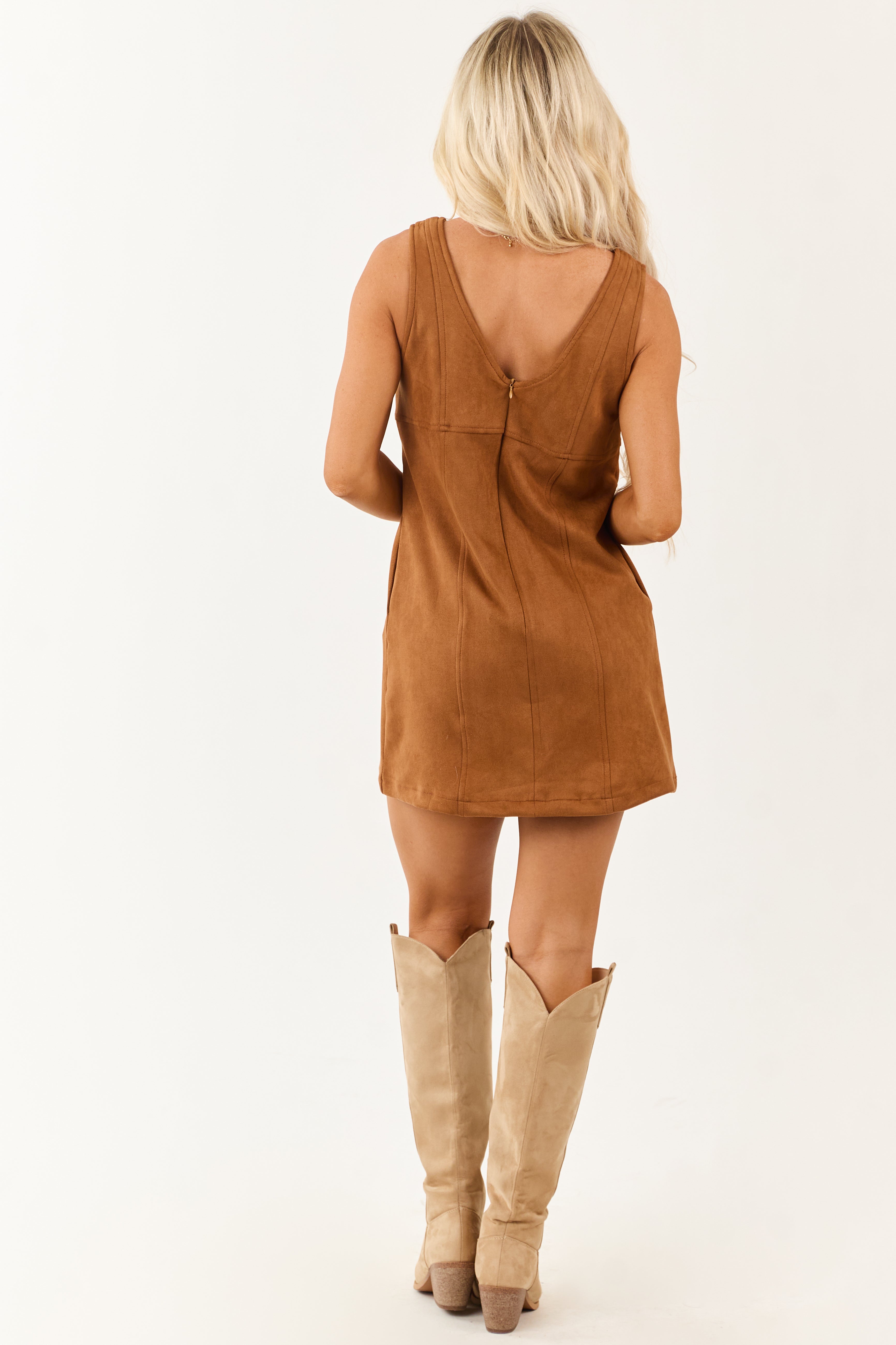 Sepia Faux Suede Sleeveless V Neck Mini Dress