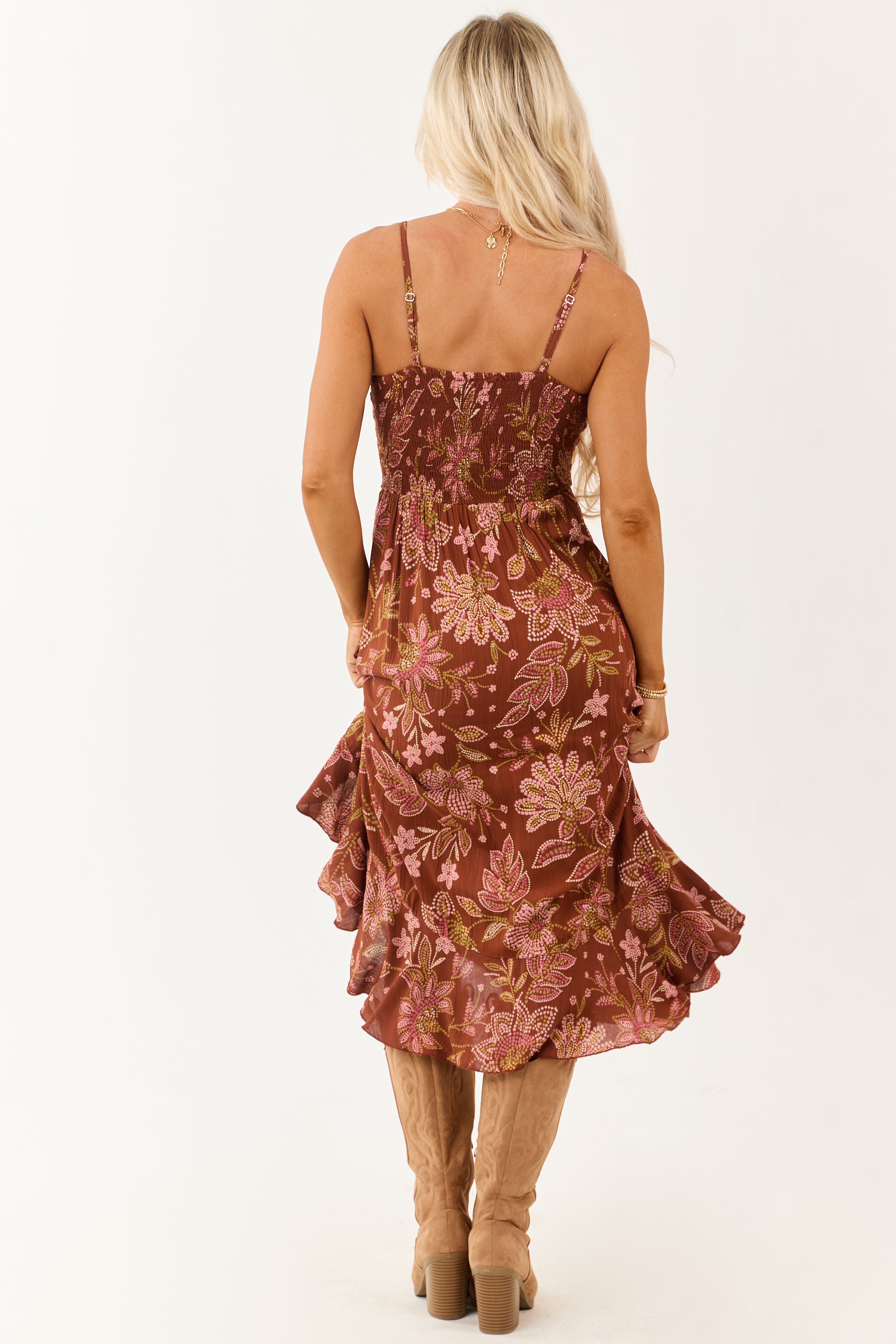 Sepia Floral Print Front Twist Sleeveless Midi Dress