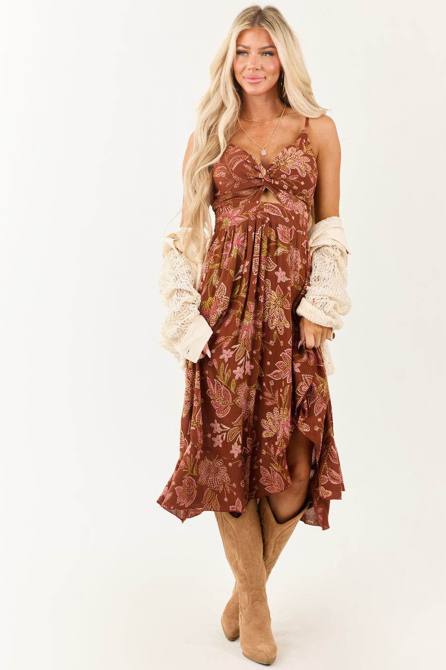 Sepia Floral Print Front Twist Sleeveless Midi Dress